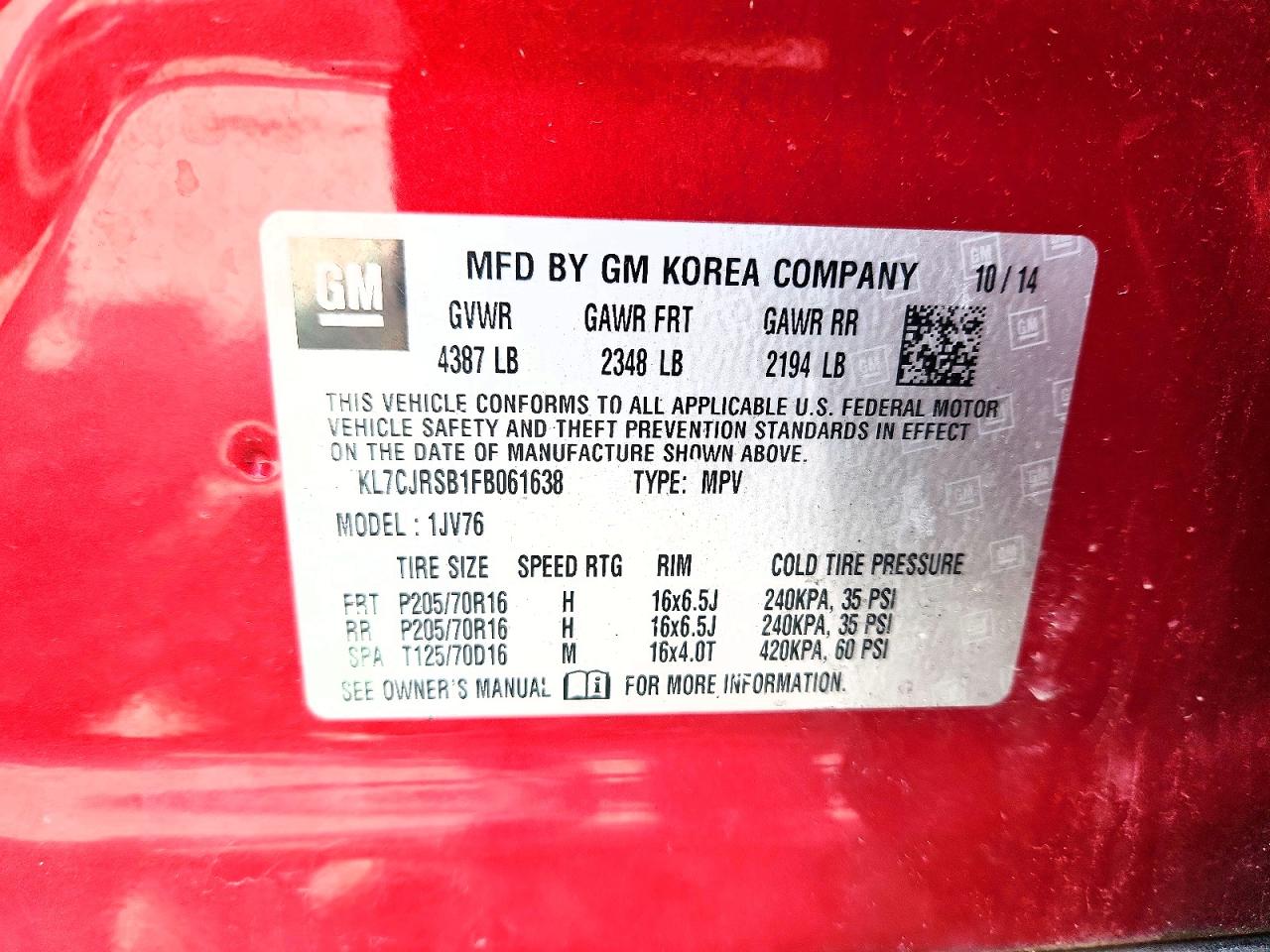2015 Chevrolet Trax 1lt Red vin: KL7CJRSB1FB061638