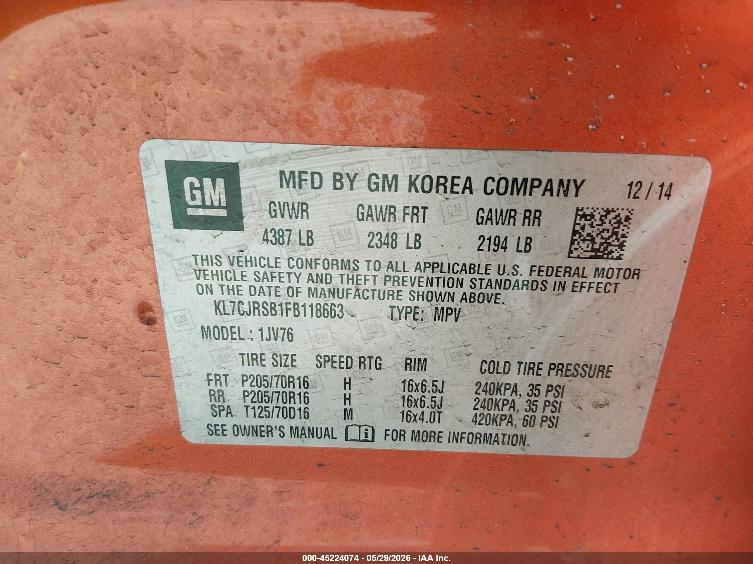 2015 Chevrolet Trax Lt Orange vin: KL7CJRSB1FB118663