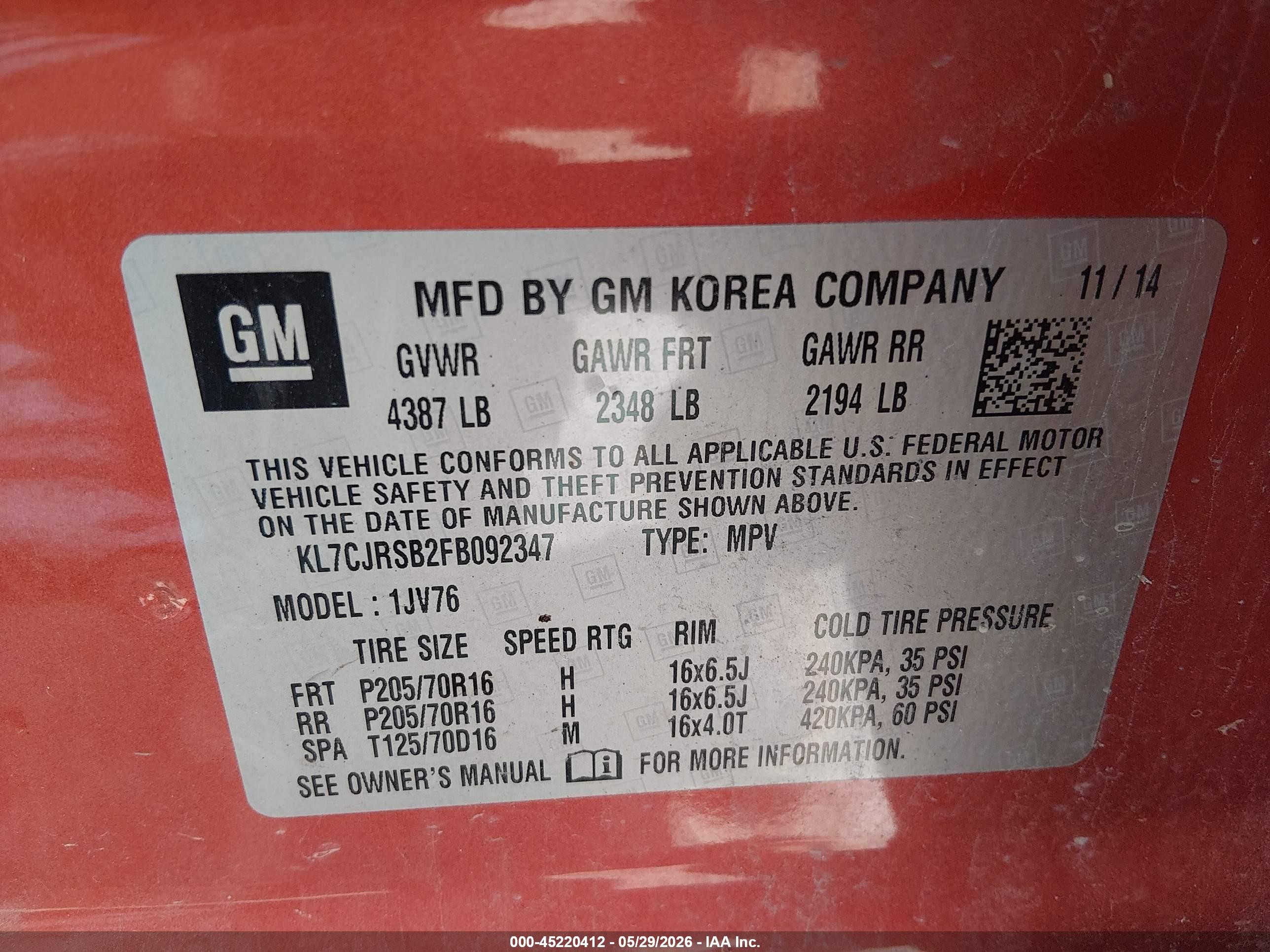 2015 Chevrolet Trax Lt Orange vin: KL7CJRSB2FB092347