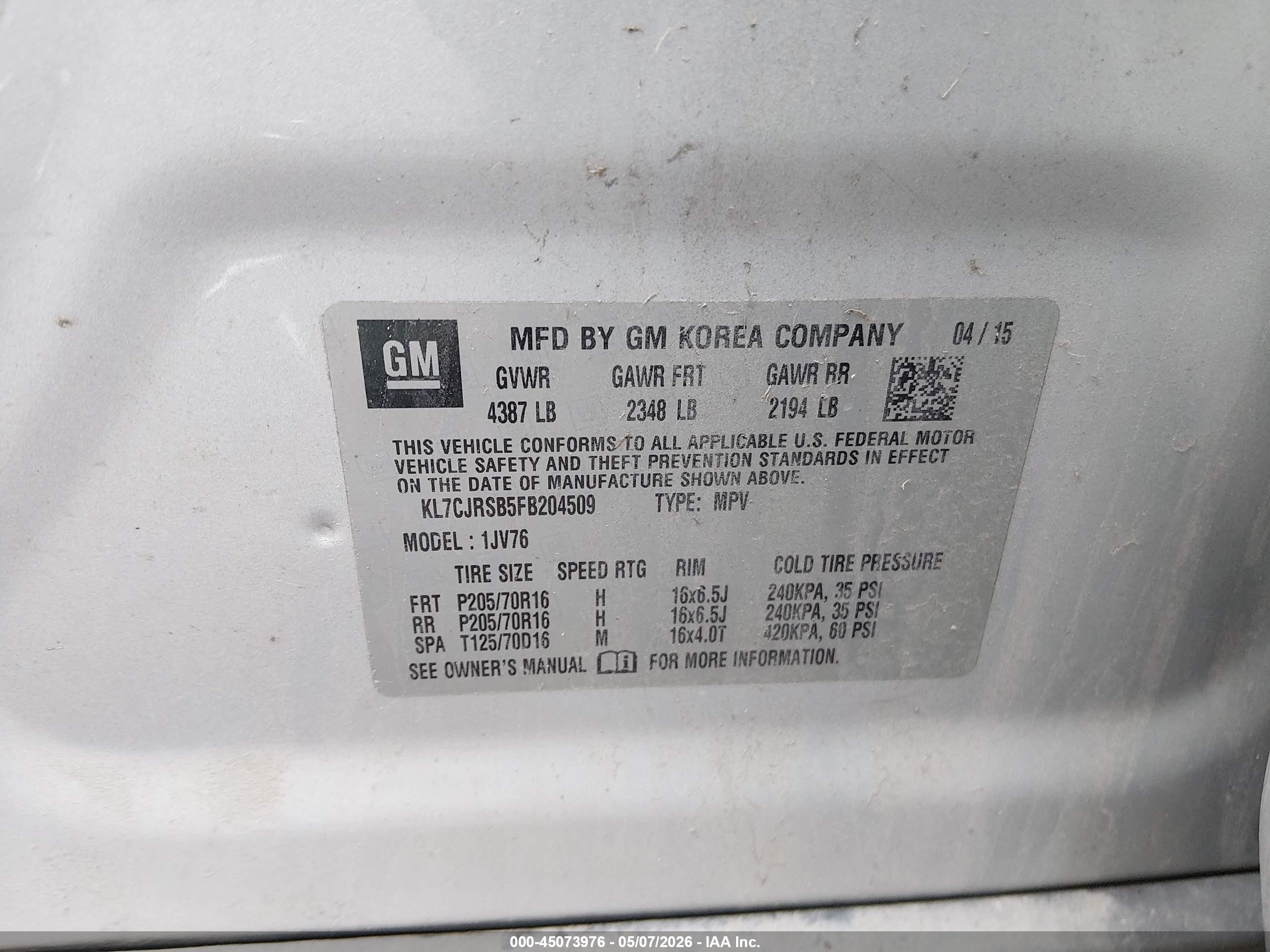 2015 Chevrolet Trax Lt Серебряный vin: KL7CJRSB5FB204509