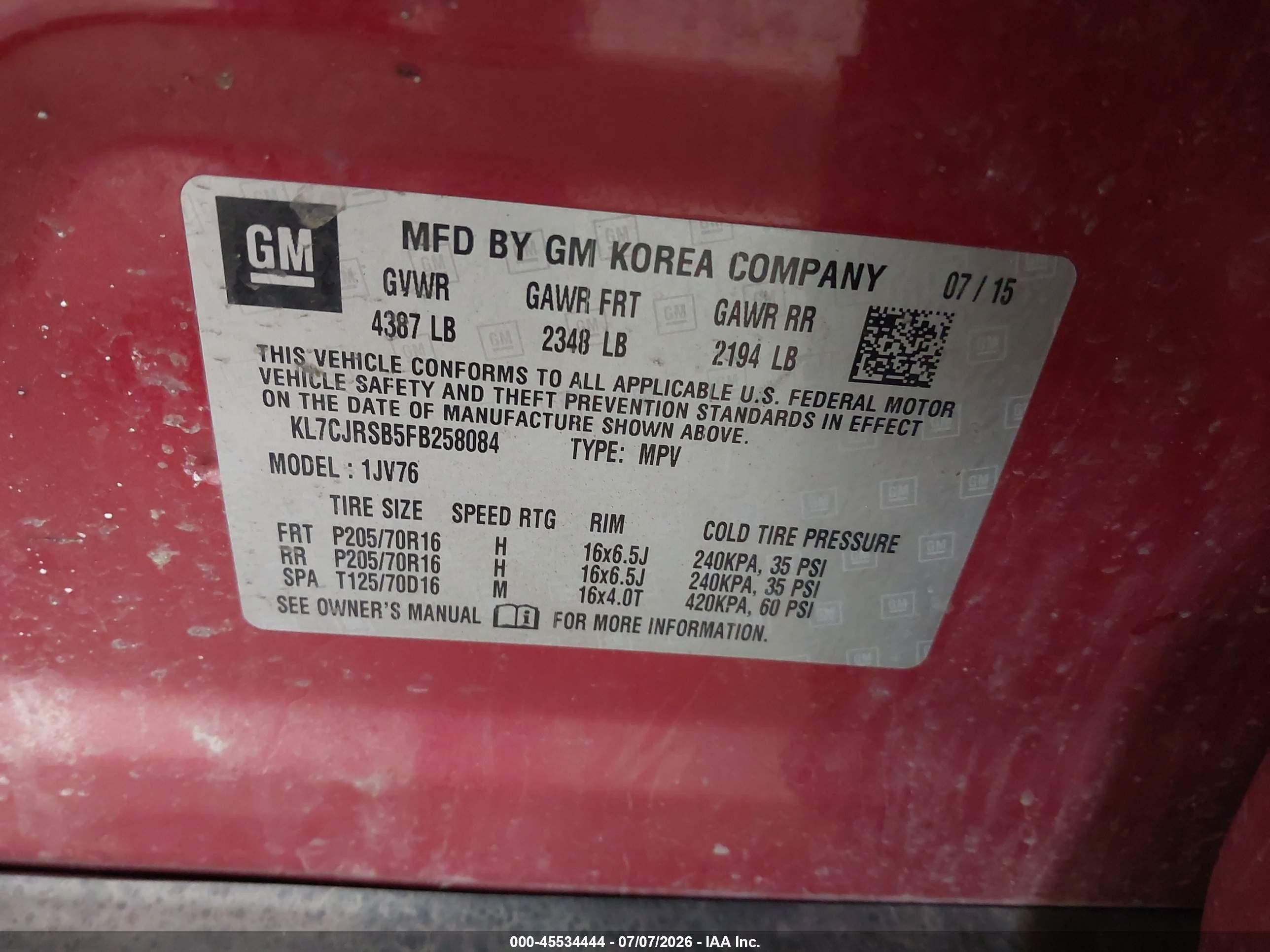 2015 Chevrolet Trax Lt Red vin: KL7CJRSB5FB258084