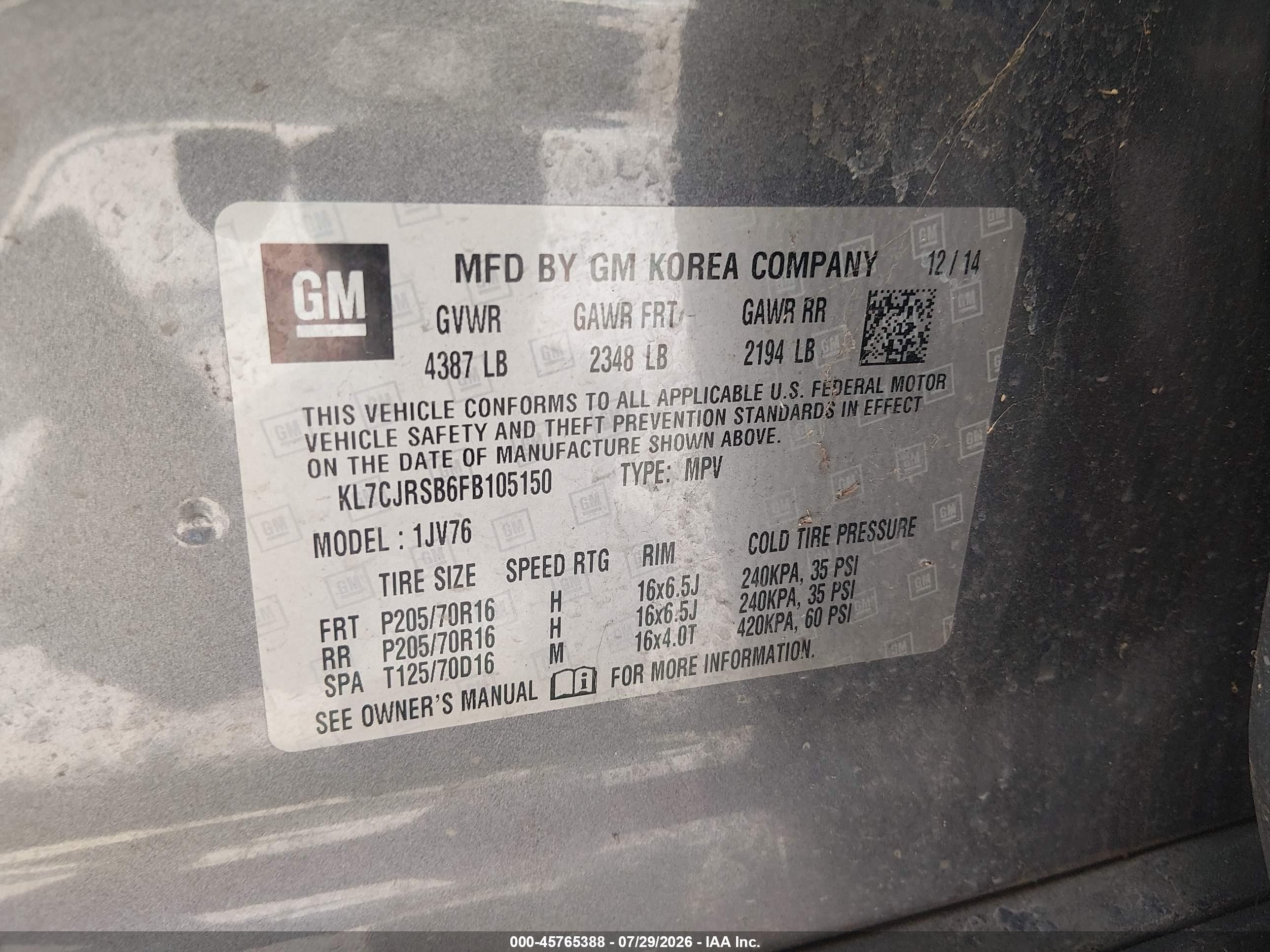 2015 Chevrolet Trax Lt Gray vin: KL7CJRSB6FB105150