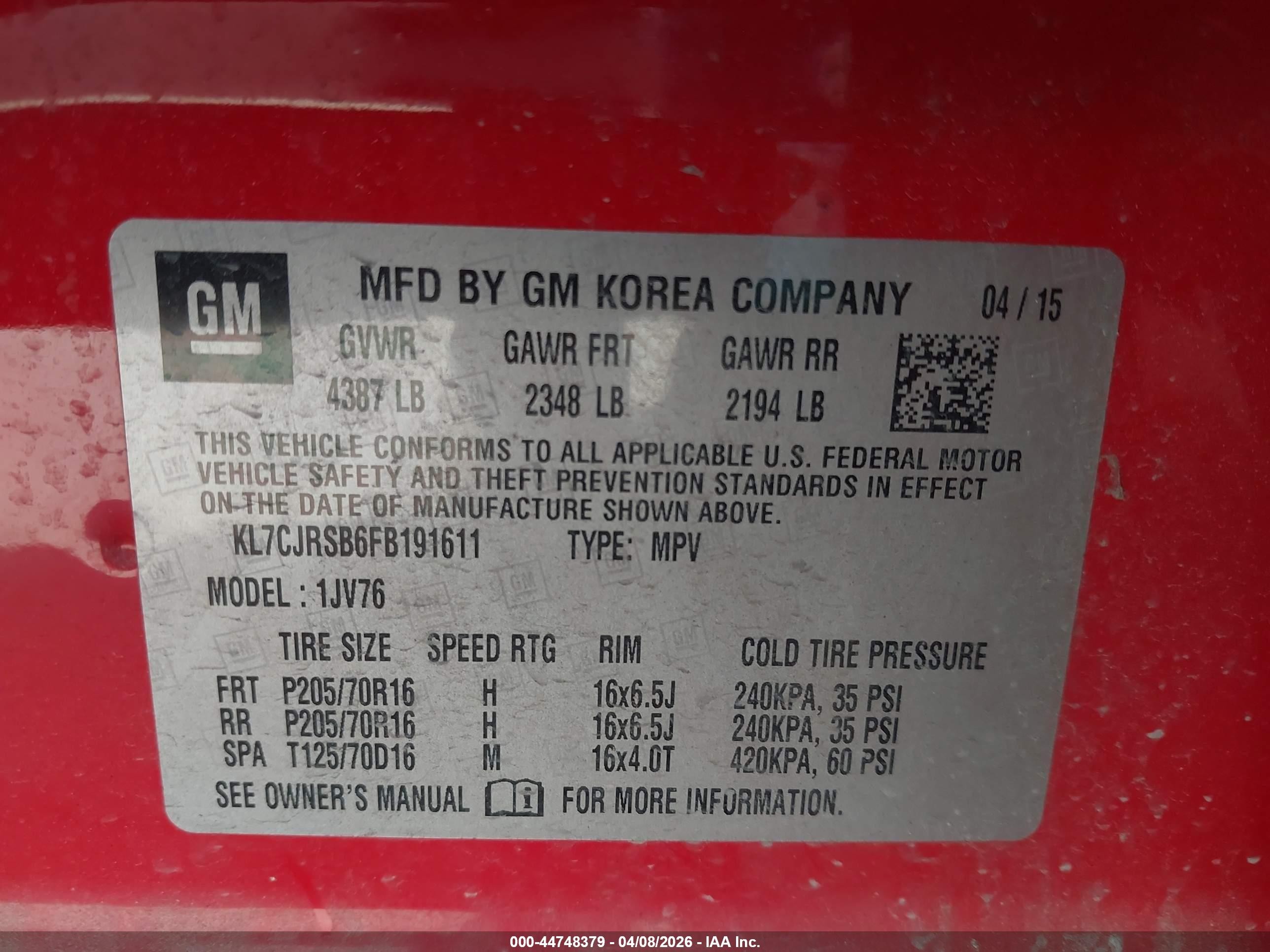 2015 Chevrolet Trax Lt Red vin: KL7CJRSB6FB191611