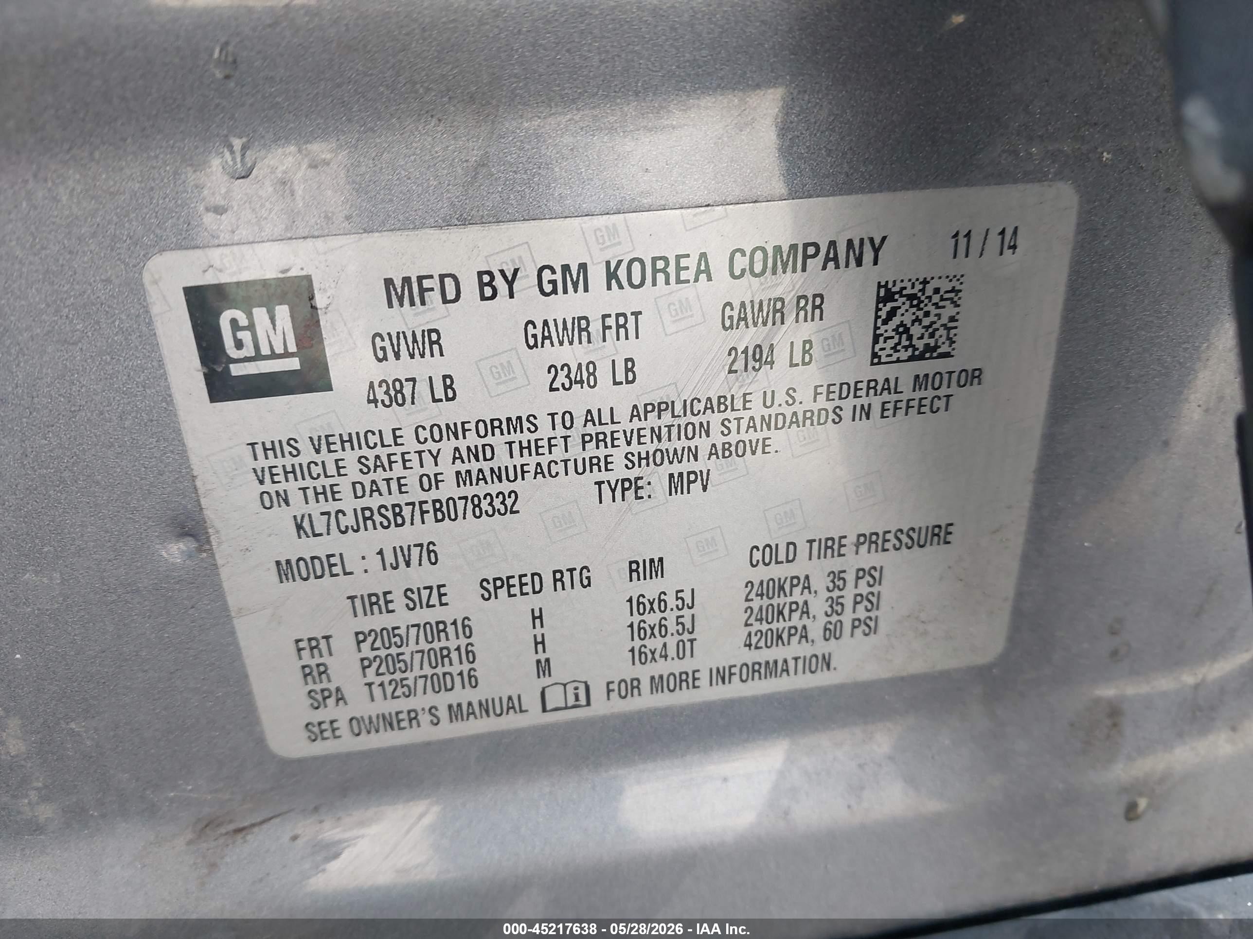 2015 Chevrolet Trax Lt Gray vin: KL7CJRSB7FB078332