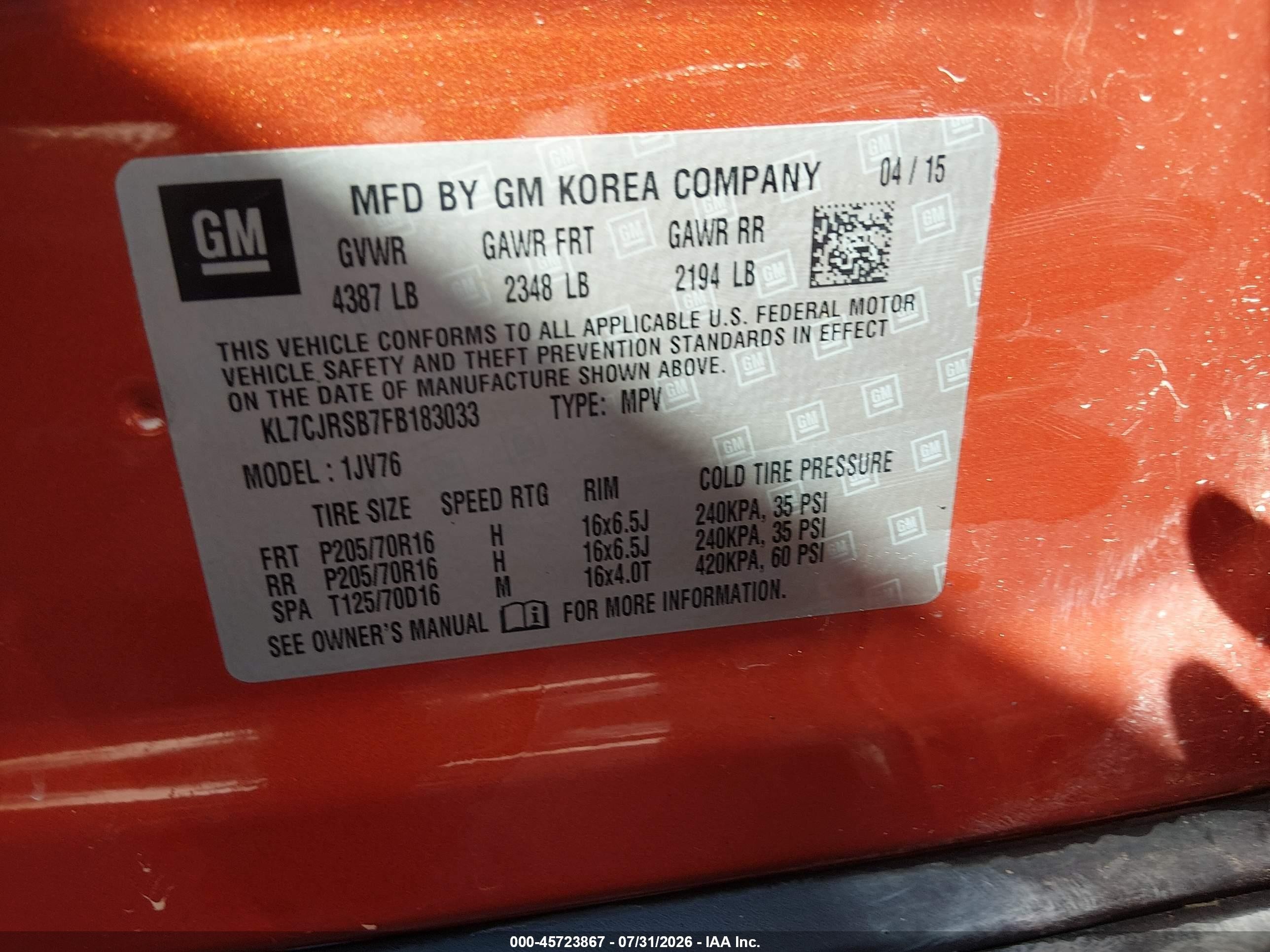 2015 Chevrolet Trax Lt Orange vin: KL7CJRSB7FB183033