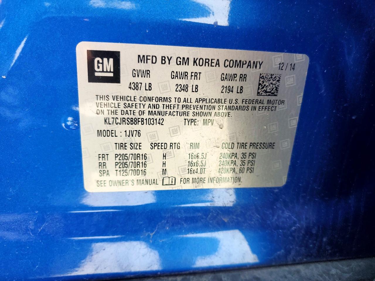 2015 Chevrolet Trax 1lt Blue vin: KL7CJRSB8FB103142