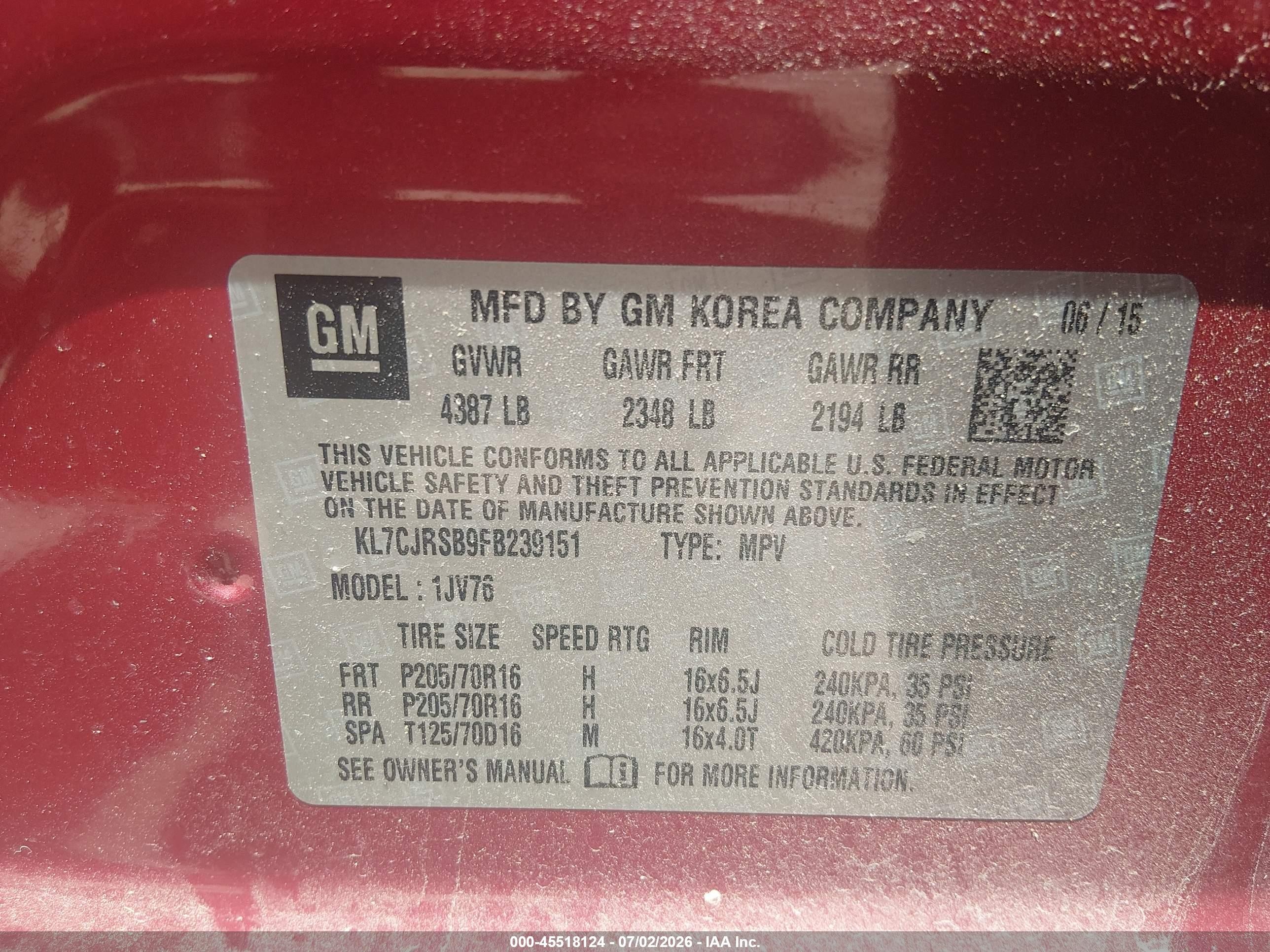 2015 Chevrolet Trax Lt Red vin: KL7CJRSB9FB239151