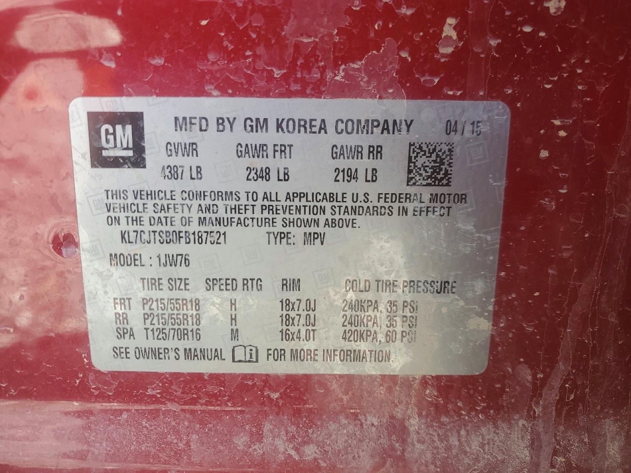2015 Chevrolet Trax Ltz Red vin: KL7CJTSB0FB187521