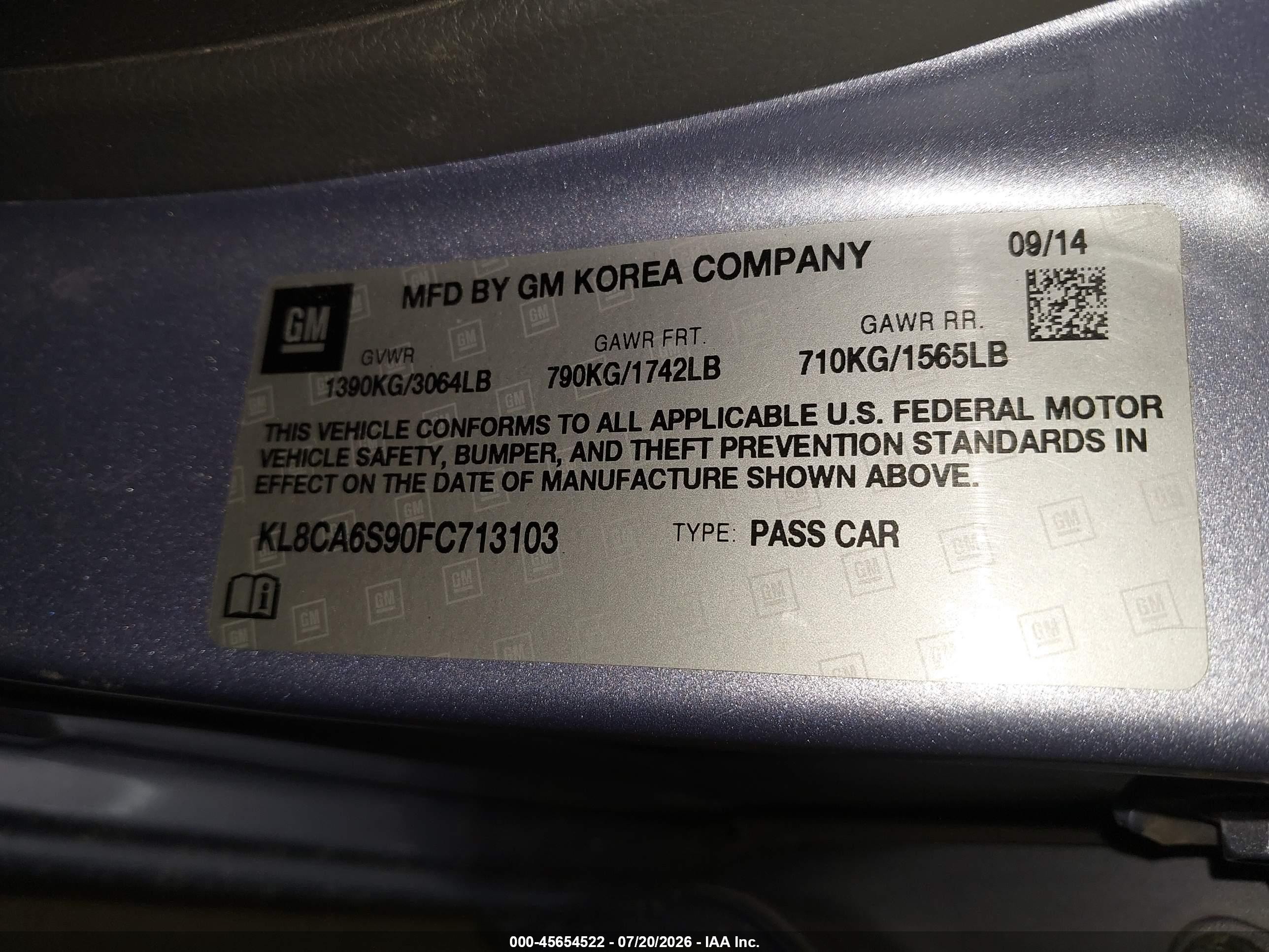 2015 Chevrolet Spark Ls Manual Light Blue vin: KL8CA6S90FC713103