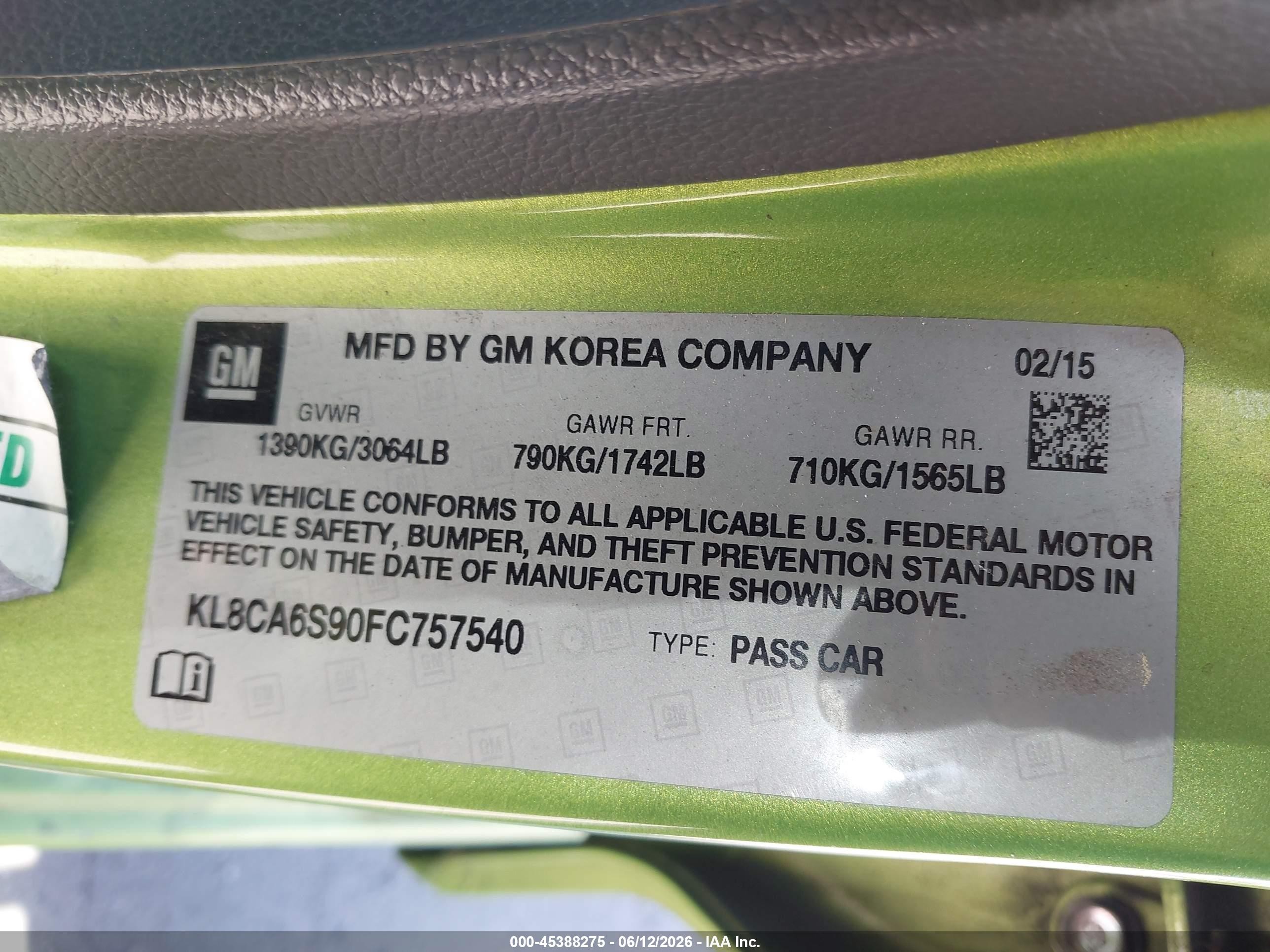 2015 Chevrolet Spark Ls Manual Green vin: KL8CA6S90FC757540