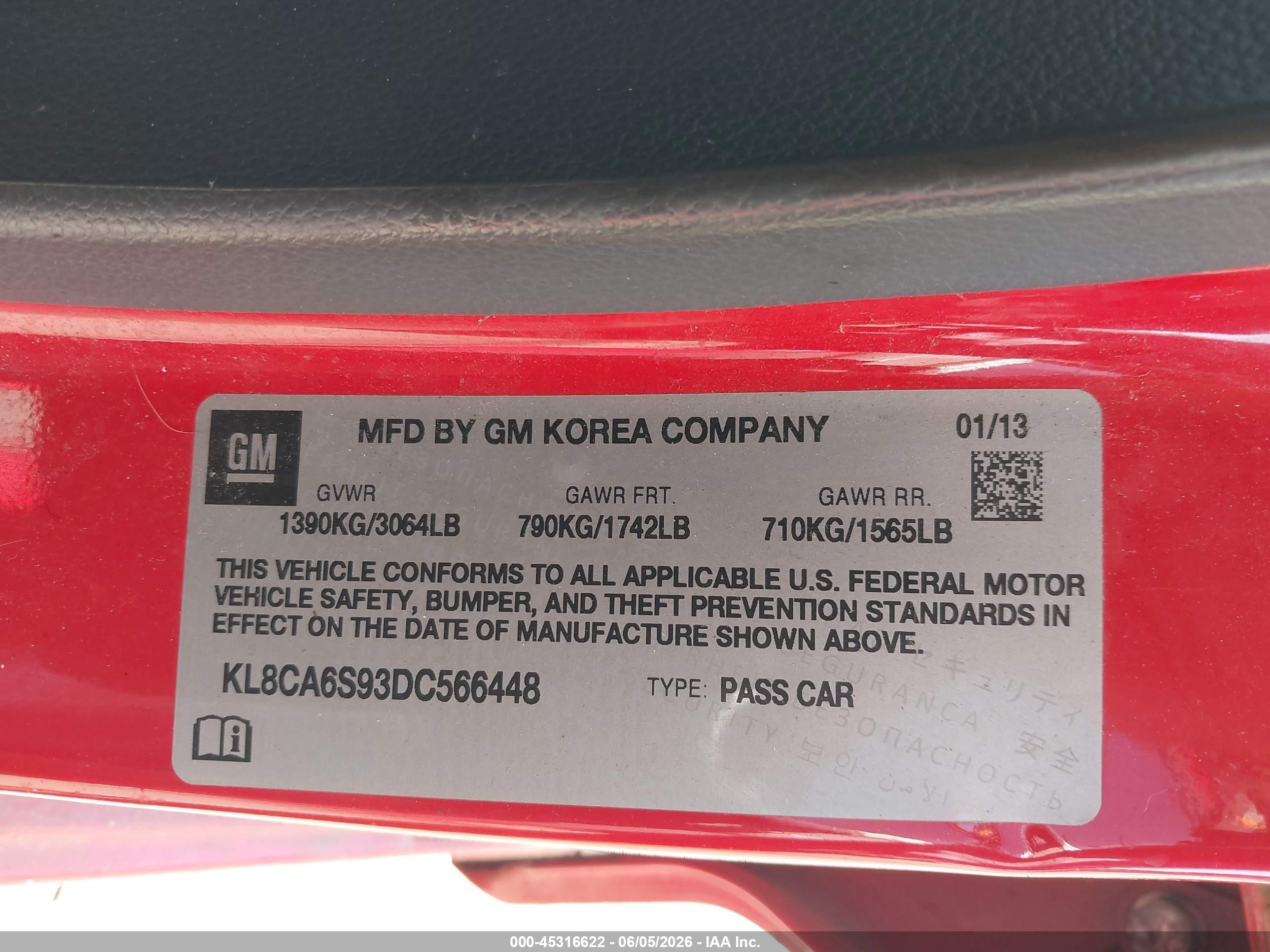 2013 Chevrolet Spark Ls Manual Red vin: KL8CA6S93DC566448