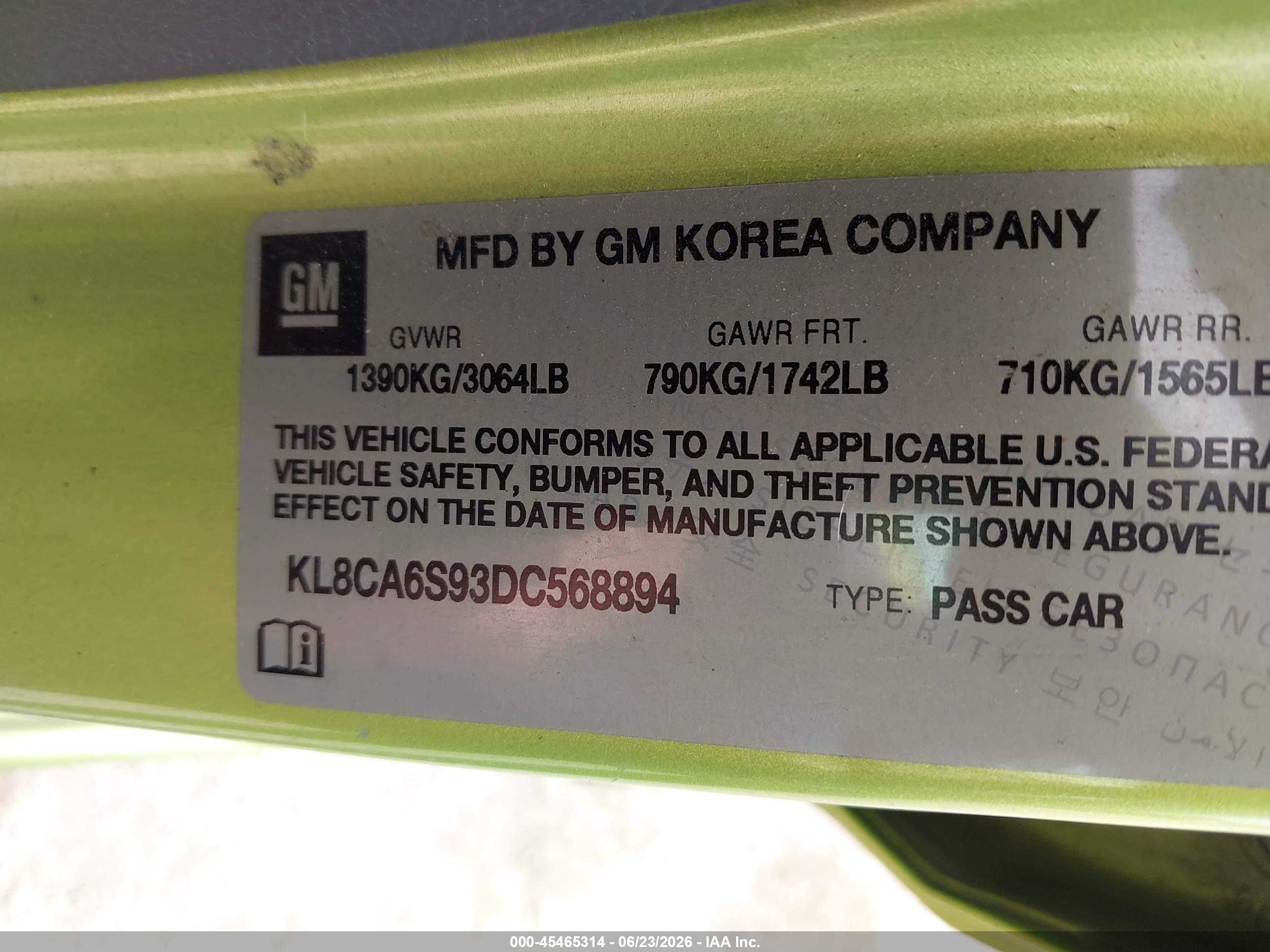 2013 Chevrolet Spark Ls Manual Green vin: KL8CA6S93DC568894