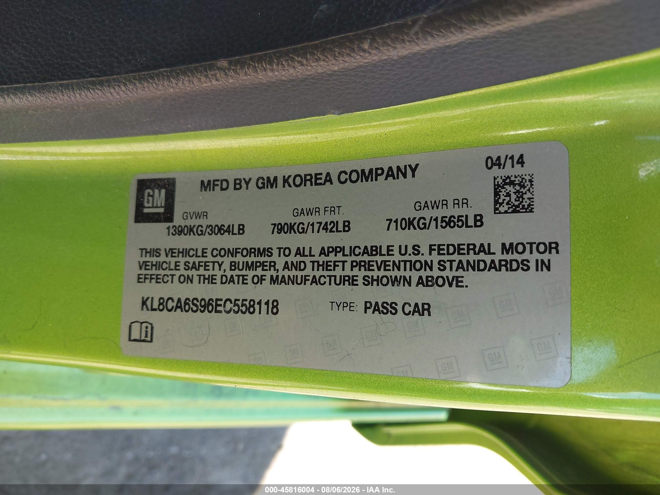 2014 Chevrolet Spark Ls Manual Green vin: KL8CA6S96EC558118