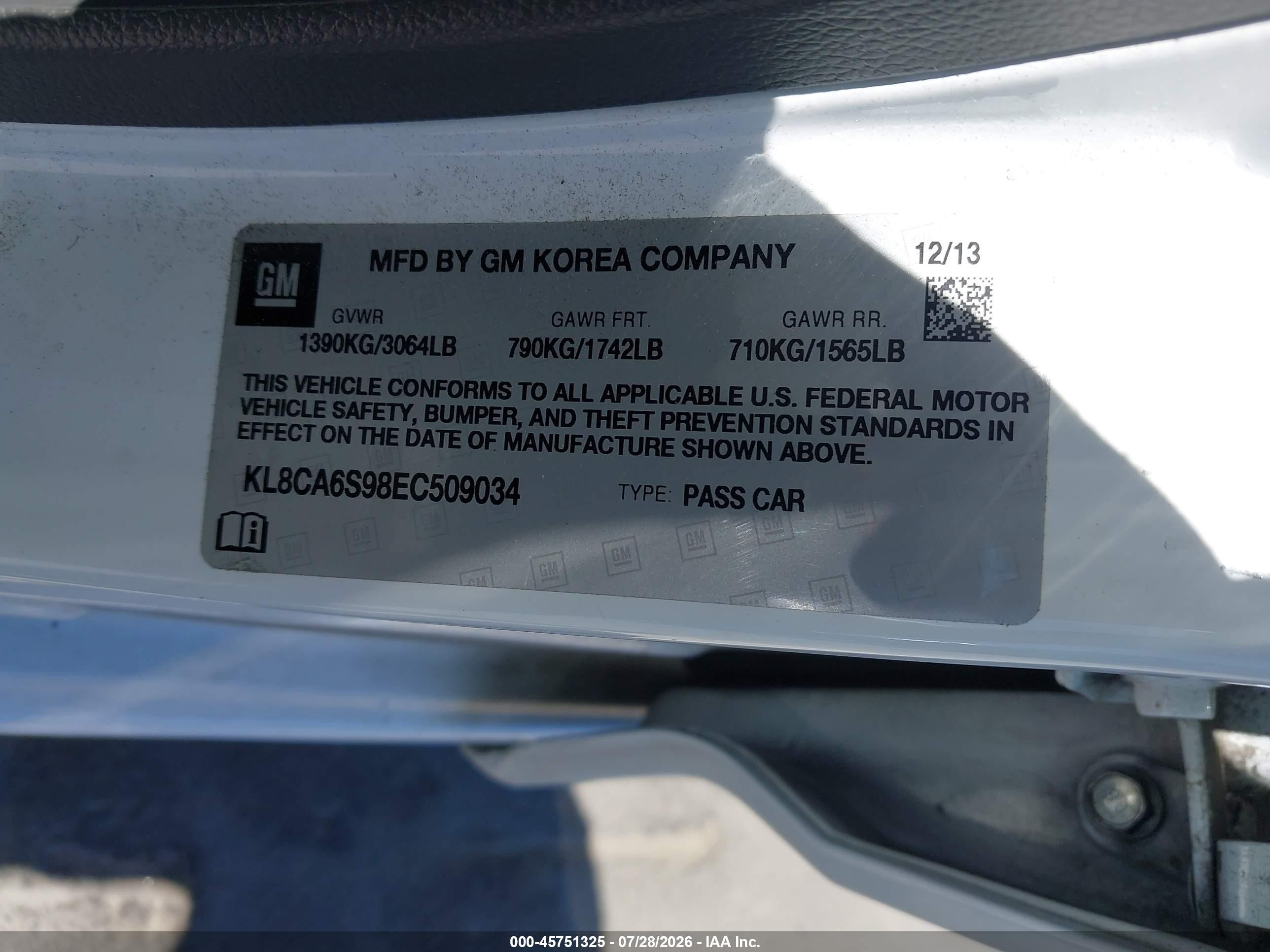 2014 Chevrolet Spark Ls Manual White vin: KL8CA6S98EC509034