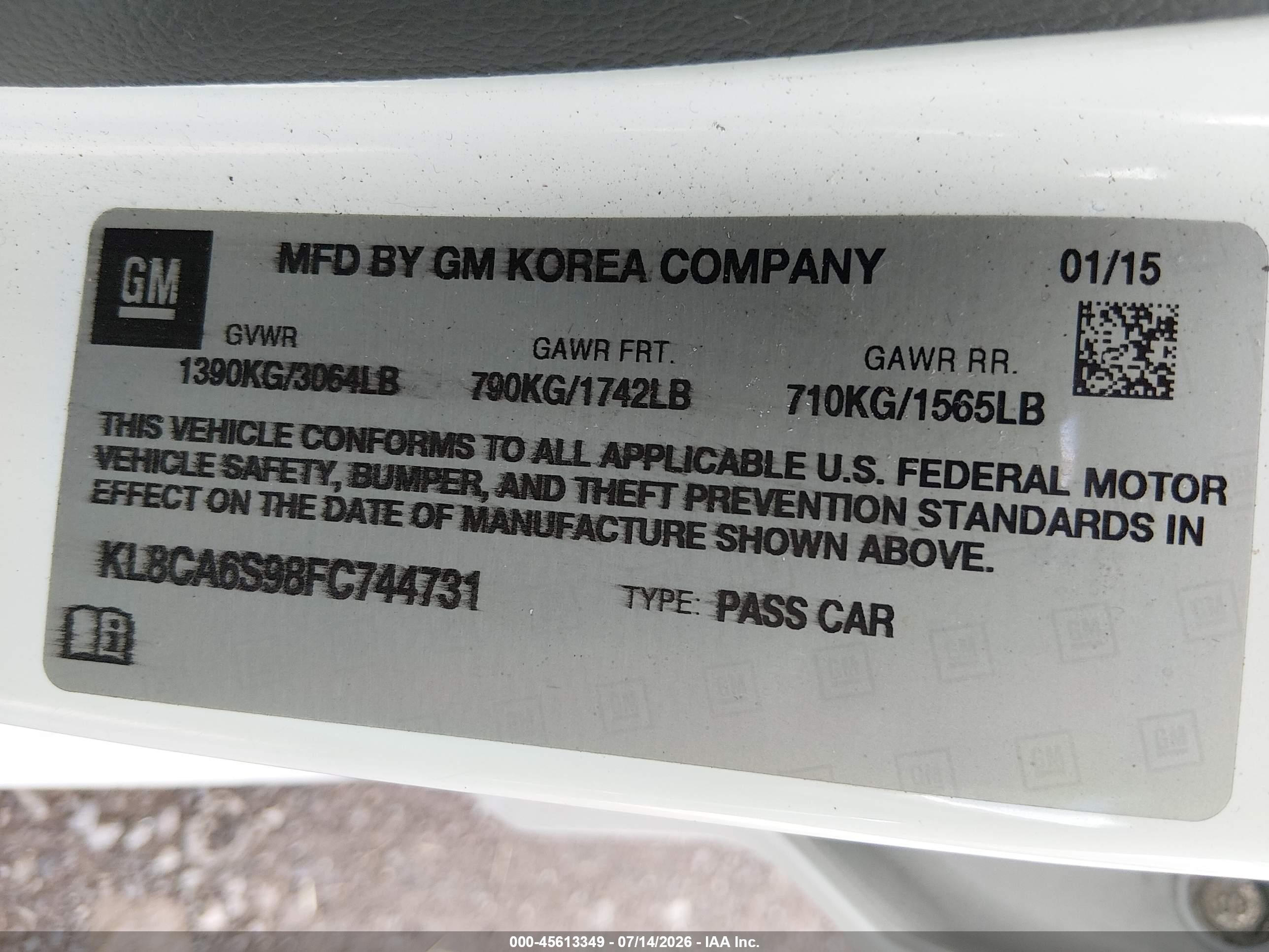 2015 Chevrolet Spark Ls Manual White vin: KL8CA6S98FC744731