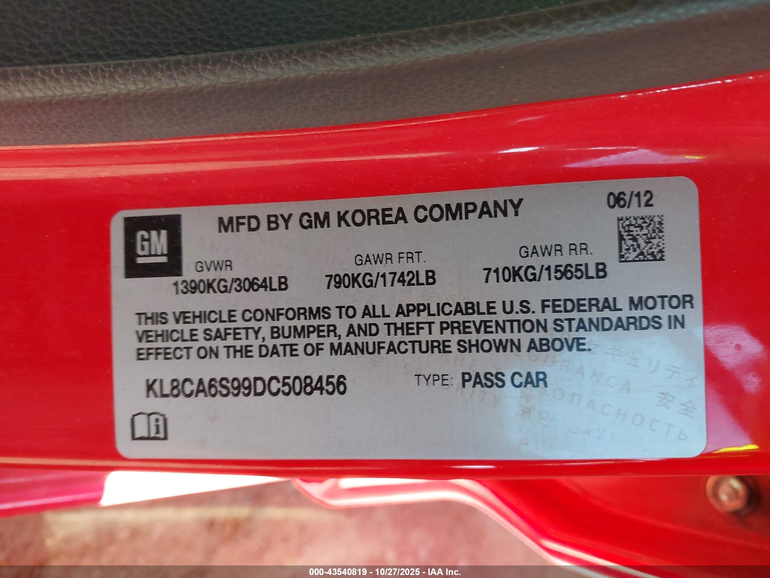 2013 Chevrolet Spark Ls Manual Red vin: KL8CA6S99DC508456