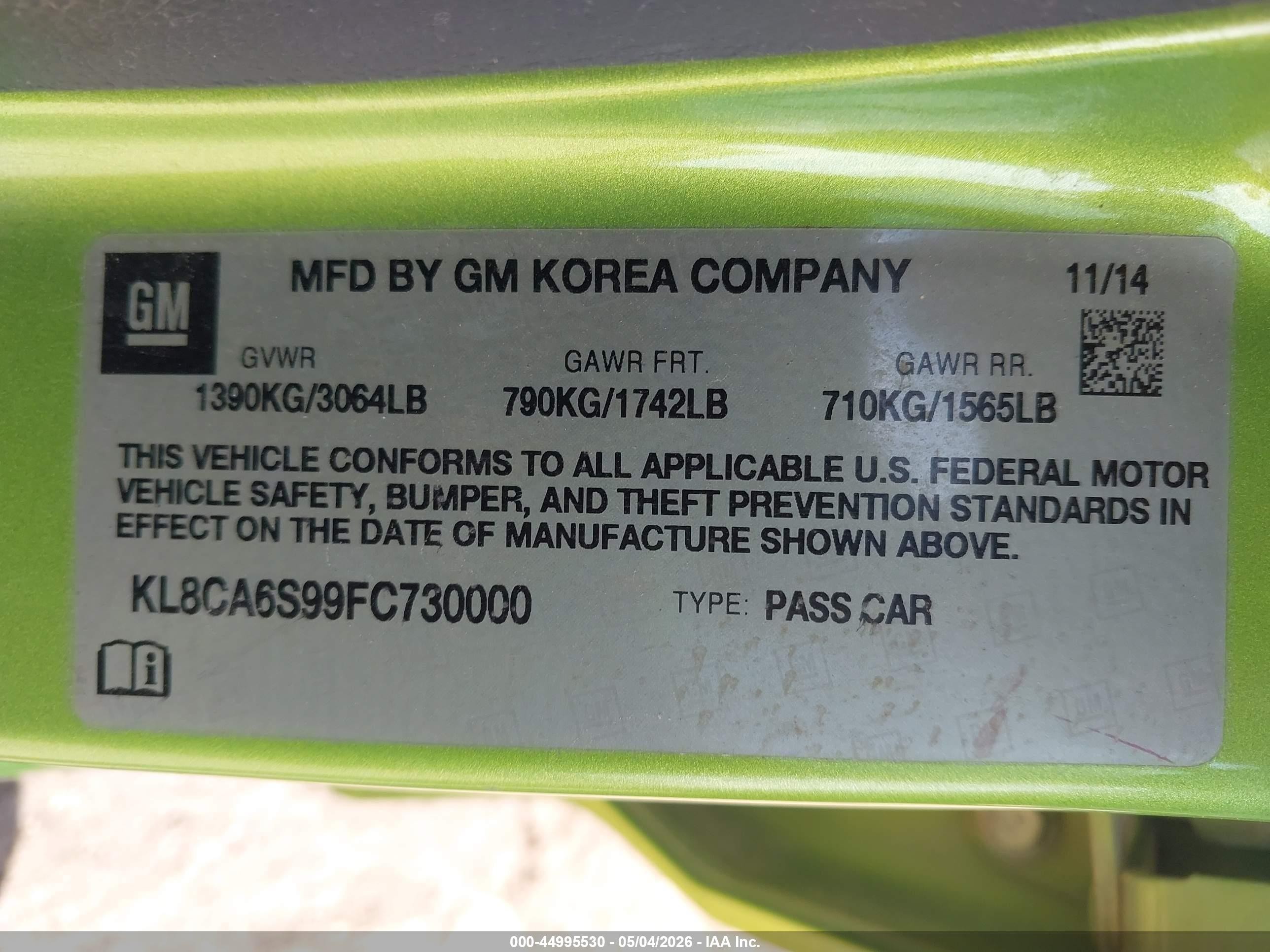2015 Chevrolet Spark Ls Manual Green vin: KL8CA6S99FC730000