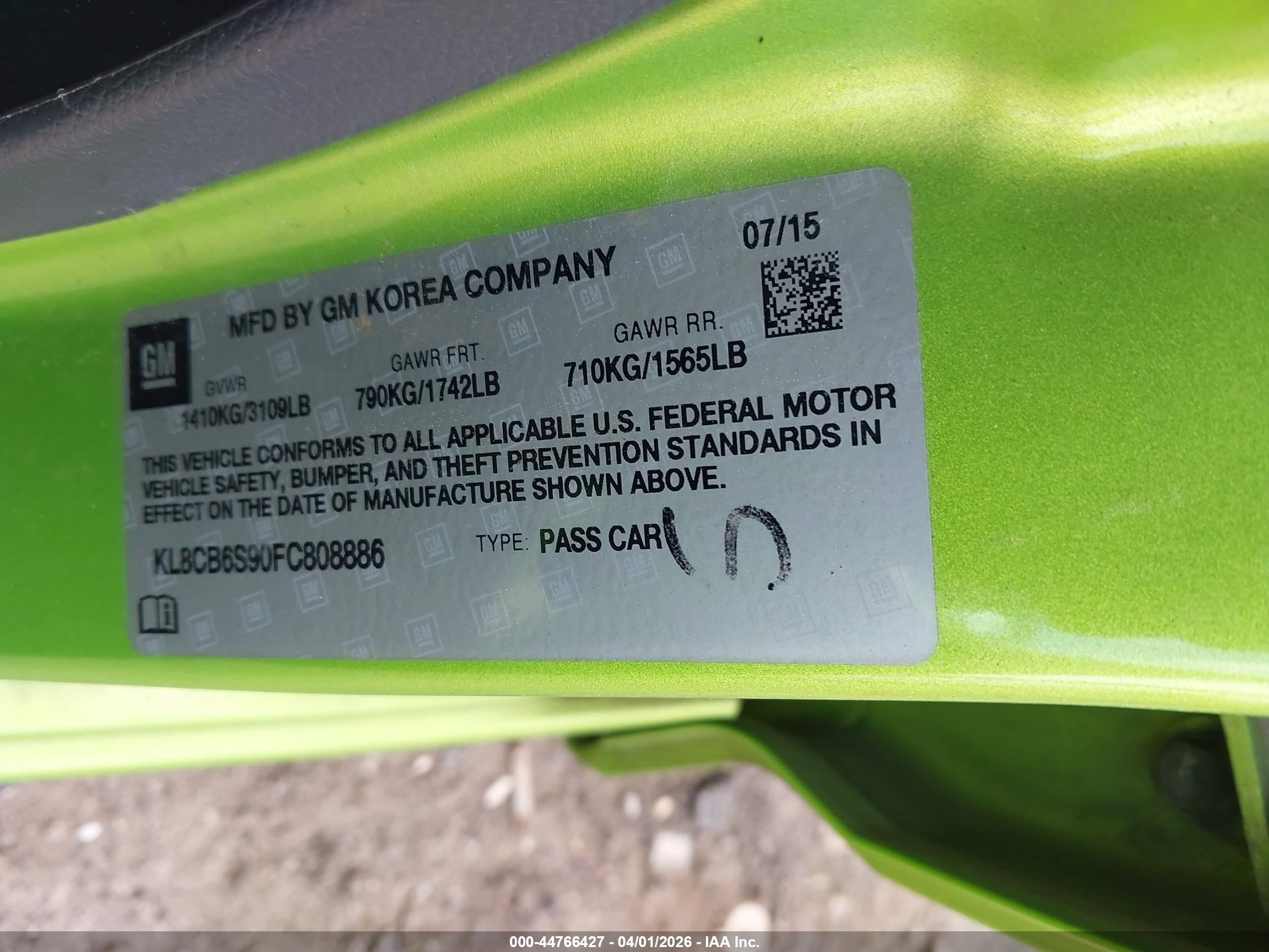2015 Chevrolet Spark Ls Cvt Green vin: KL8CB6S90FC808886