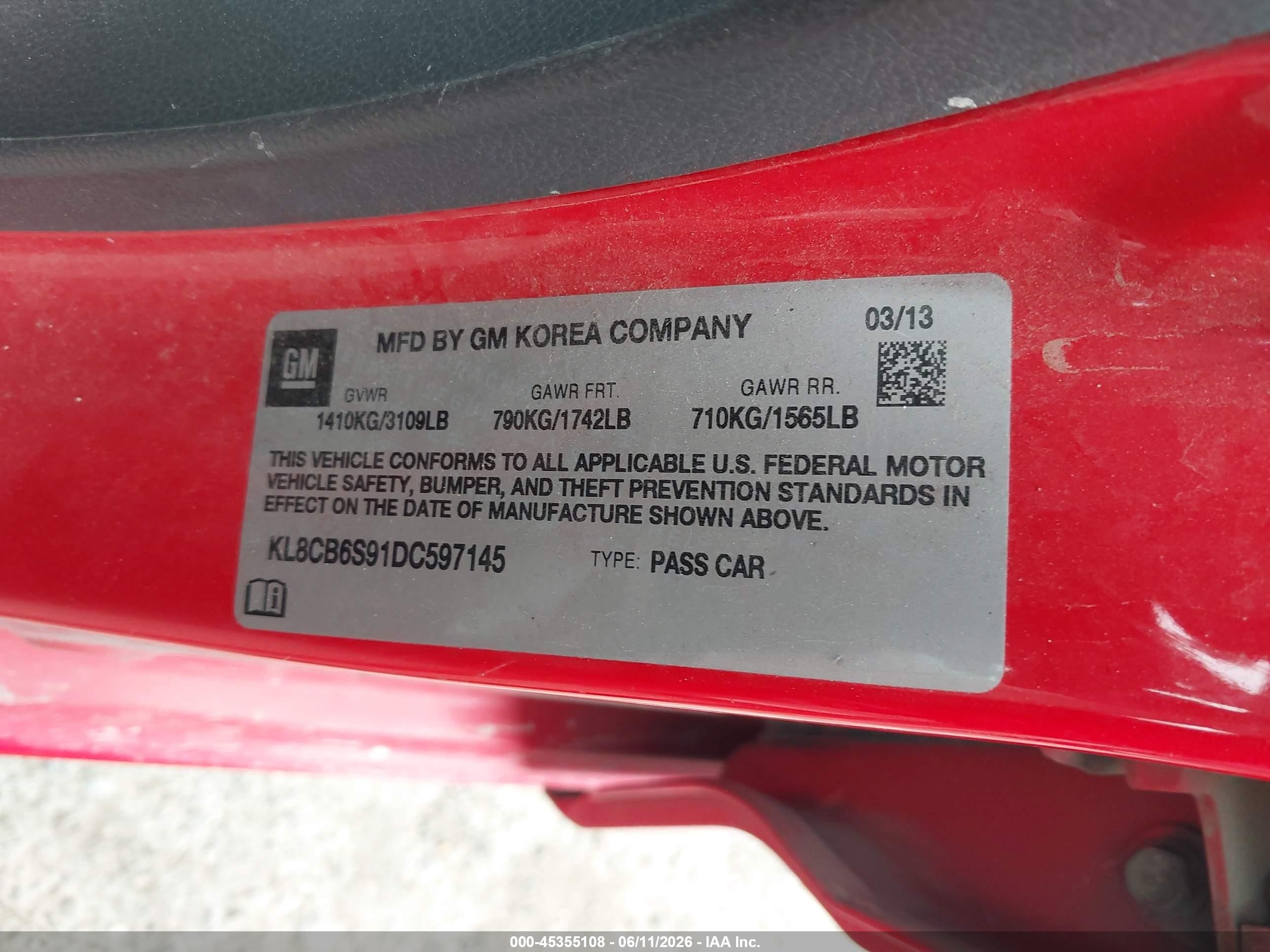 2013 Chevrolet Spark Ls Auto Red vin: KL8CB6S91DC597145