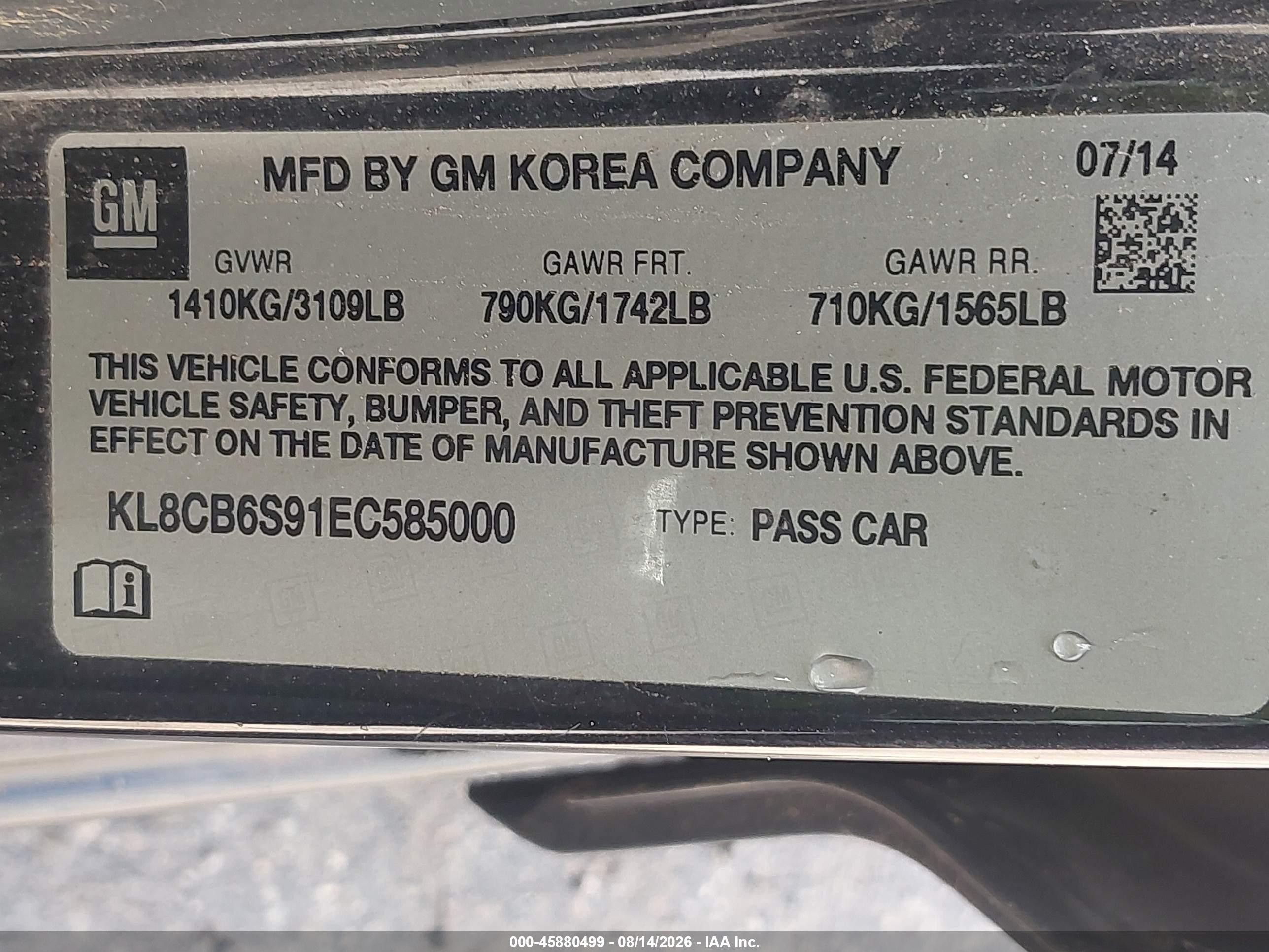 2014 Chevrolet Spark Ls Auto Black vin: KL8CB6S91EC585000