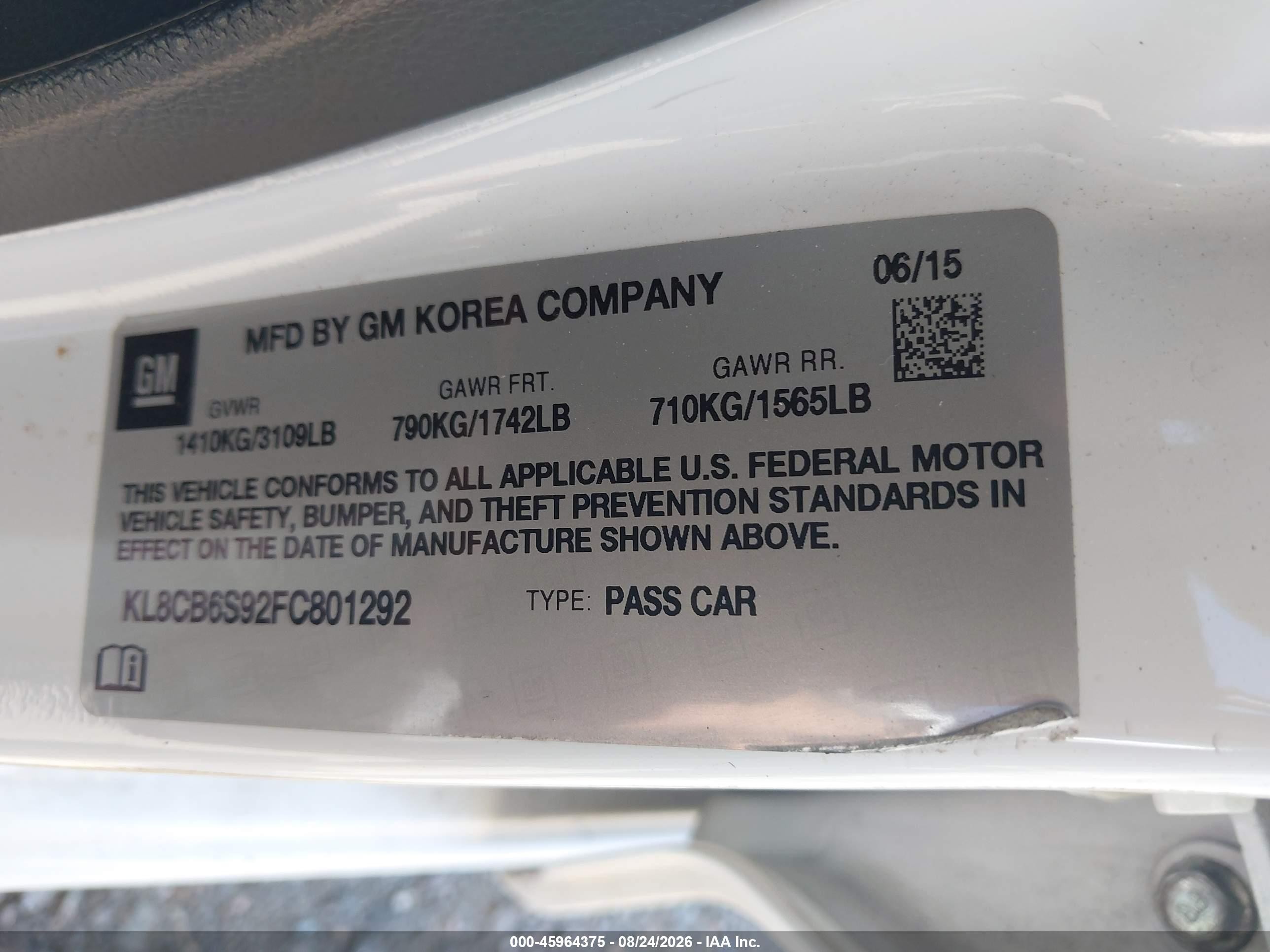 2015 Chevrolet Spark Ls Cvt White vin: KL8CB6S92FC801292