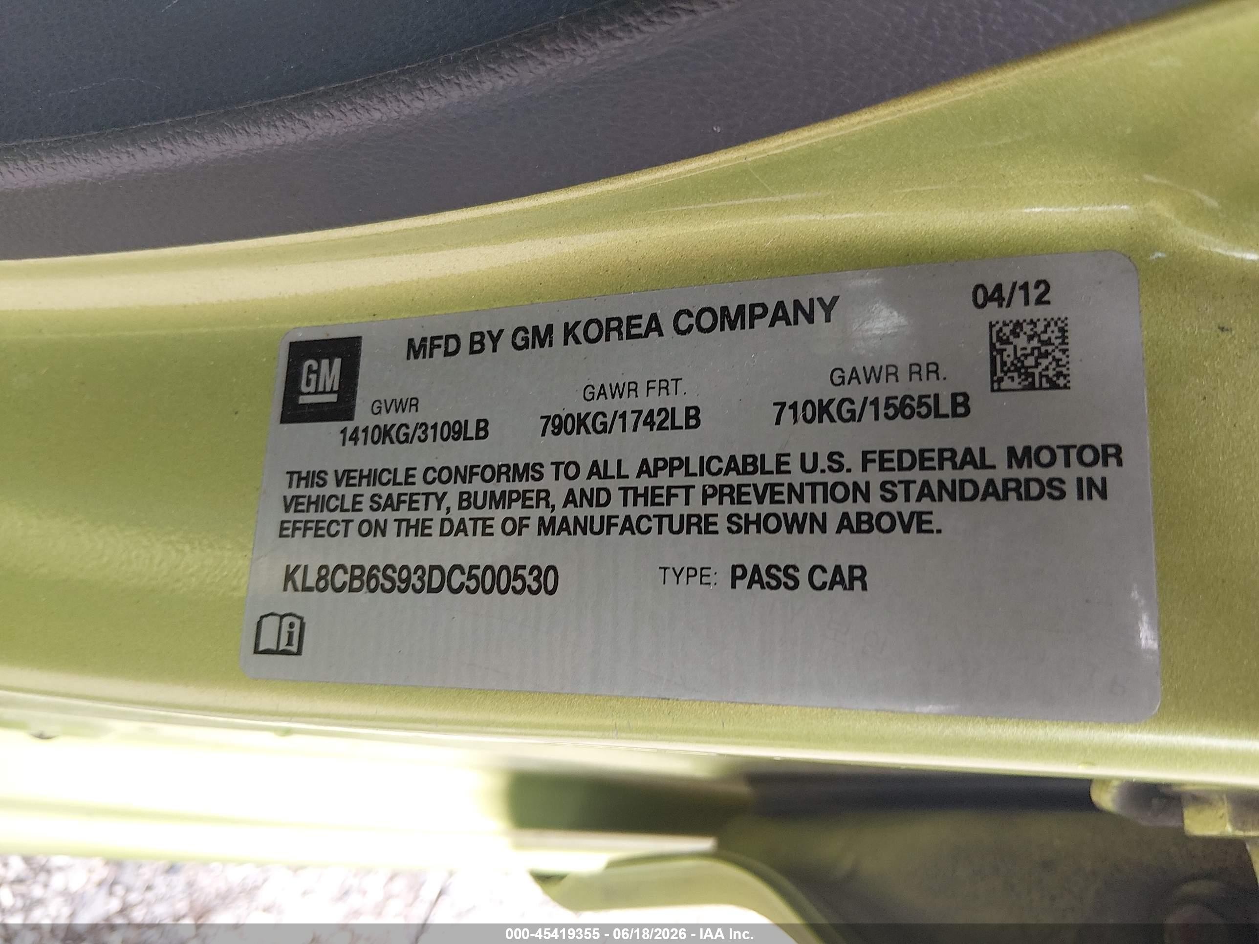 2013 Chevrolet Spark Ls Auto Green vin: KL8CB6S93DC500530