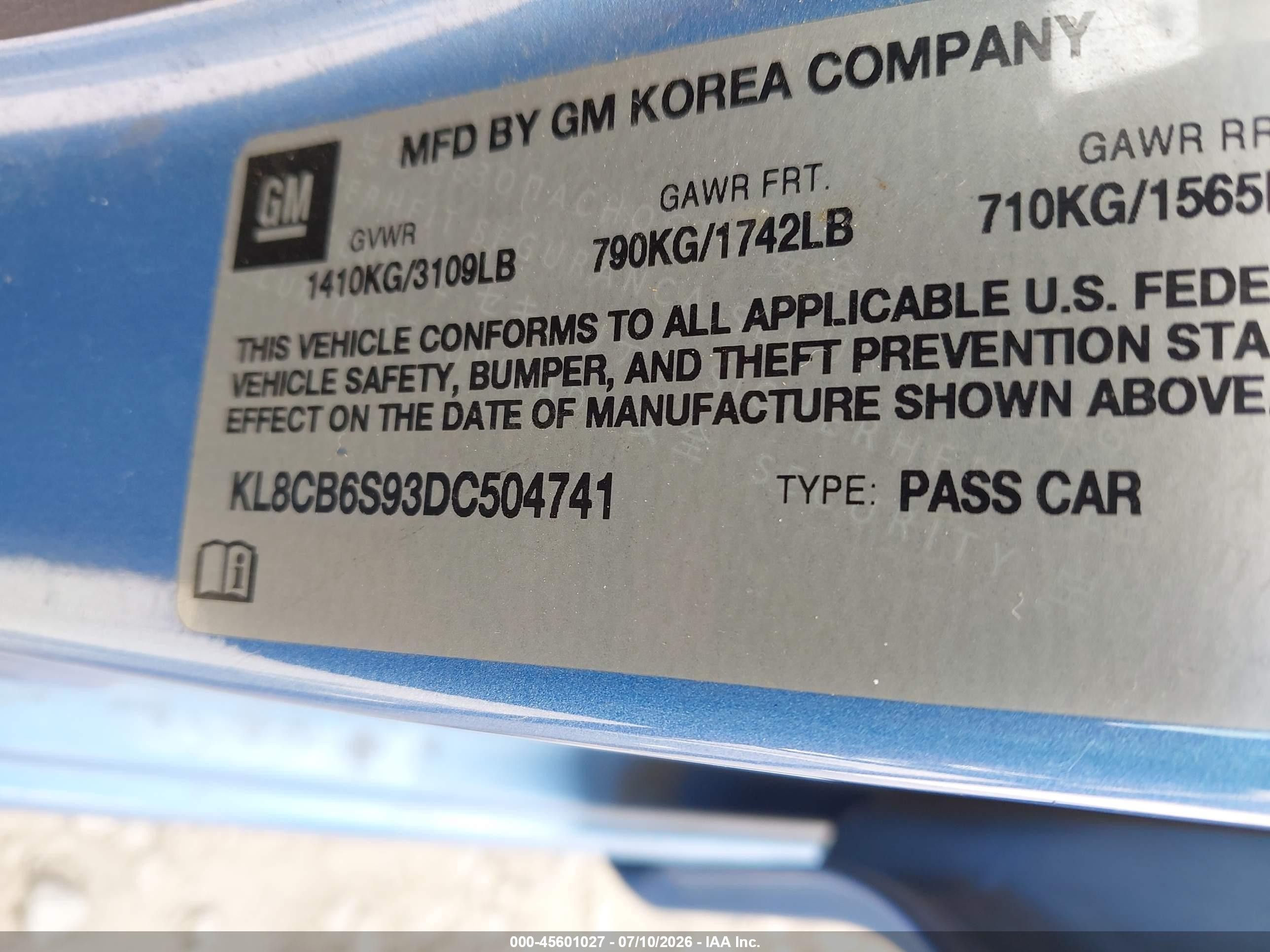 2013 Chevrolet Spark Ls Auto Blue vin: KL8CB6S93DC504741