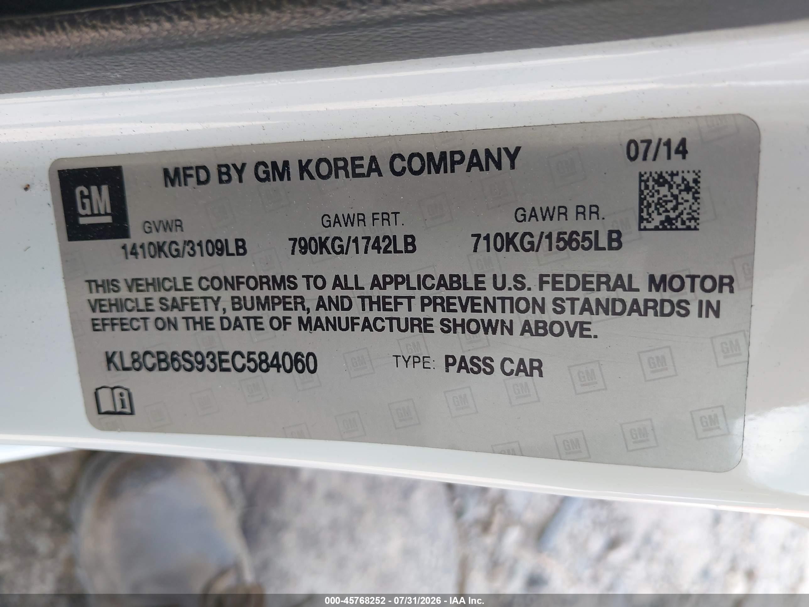 2014 Chevrolet Spark Ls Auto Белый vin: KL8CB6S93EC584060