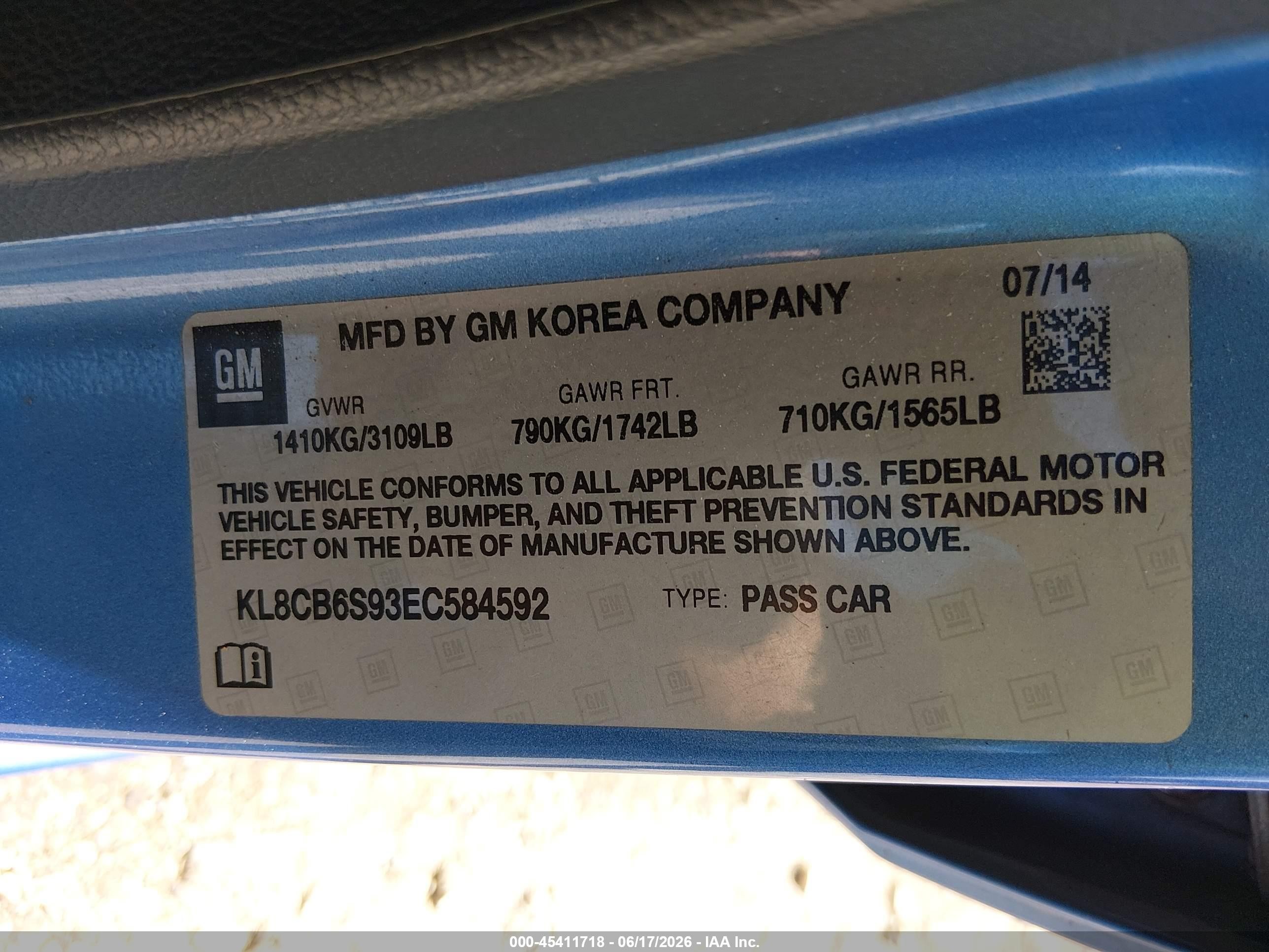 2014 Chevrolet Spark Ls Auto Blue vin: KL8CB6S93EC584592