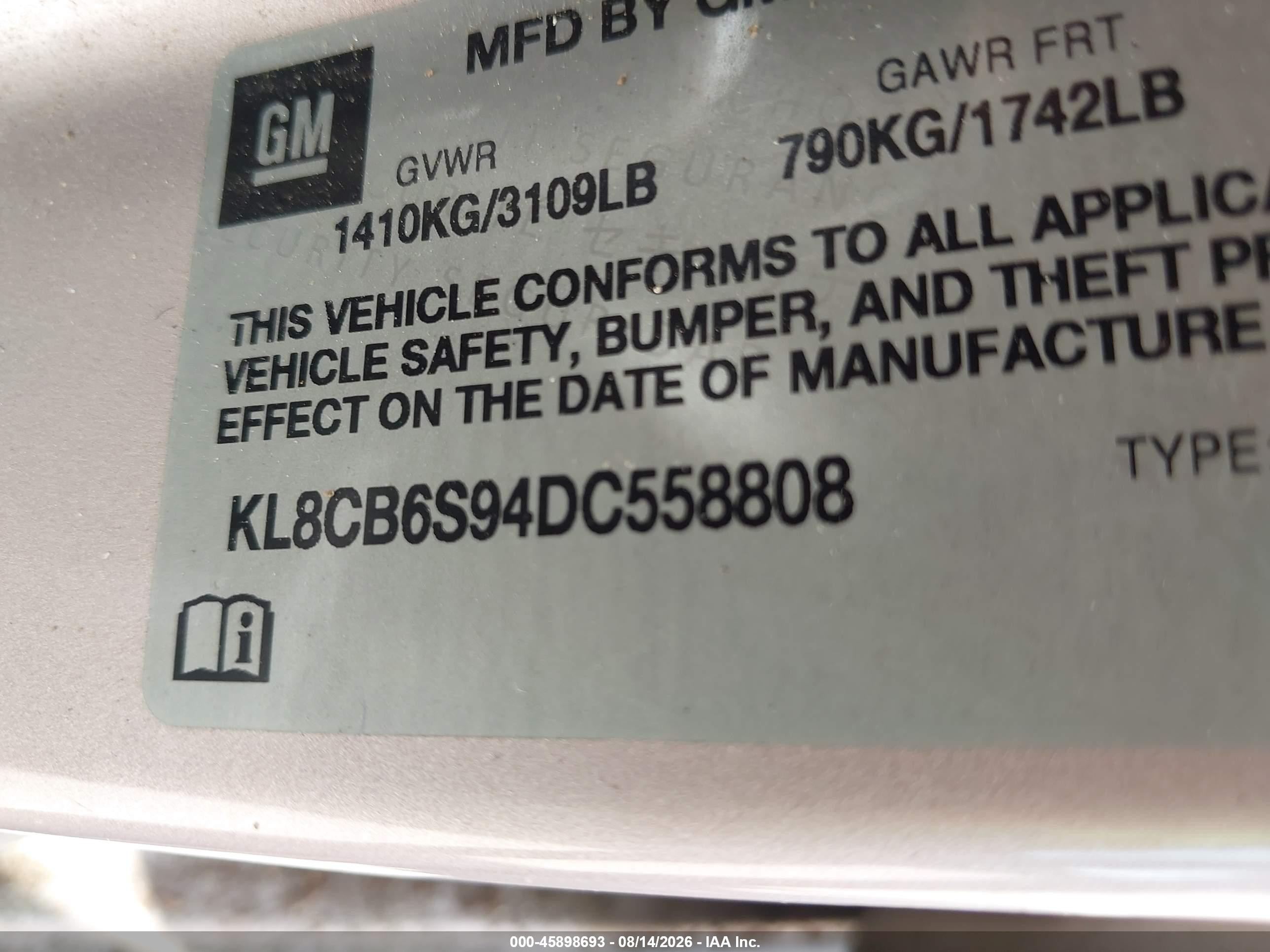 2013 Chevrolet Spark Ls Auto Silver vin: KL8CB6S94DC558808
