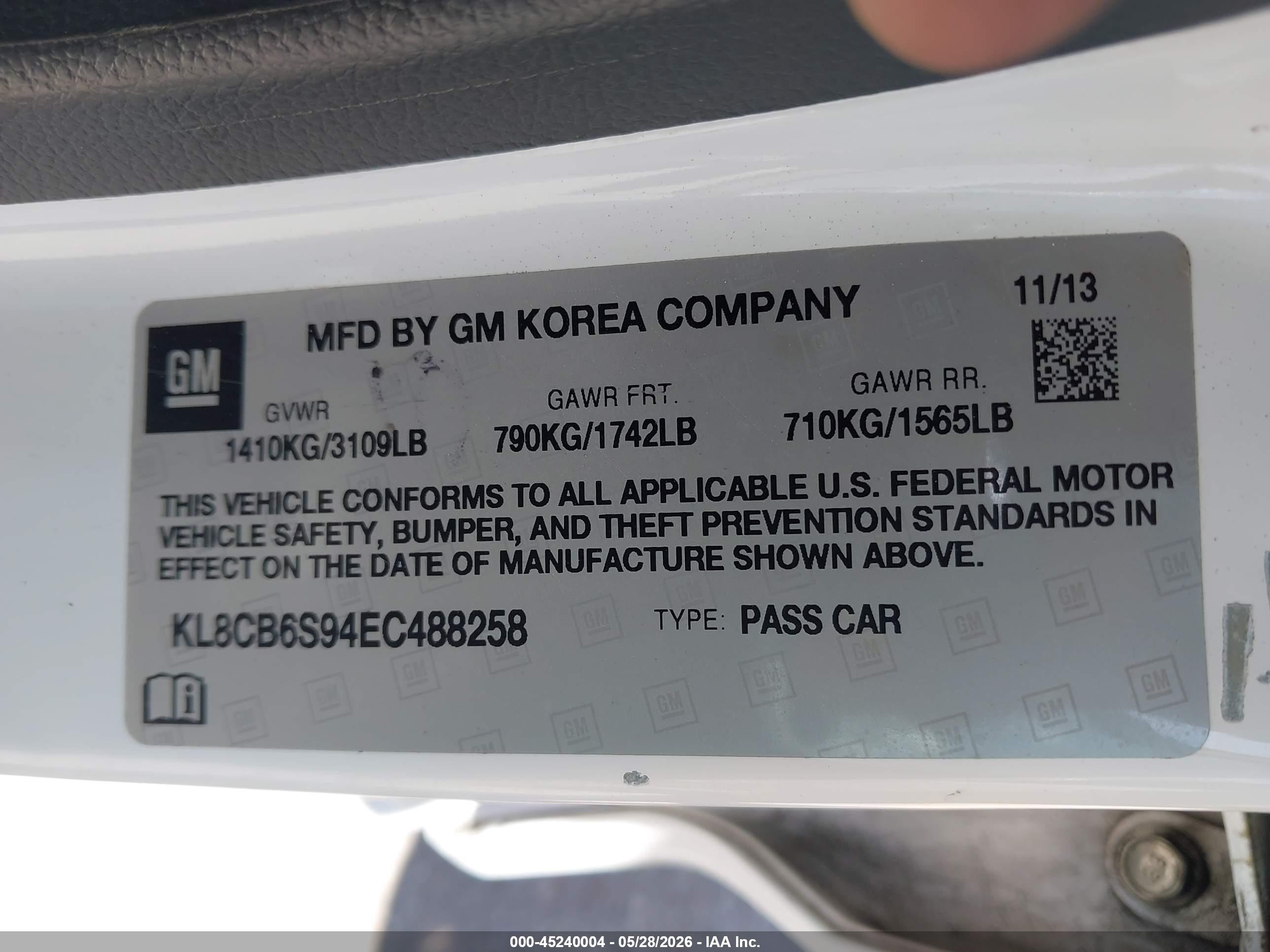 2014 Chevrolet Spark Ls Auto White vin: KL8CB6S94EC488258