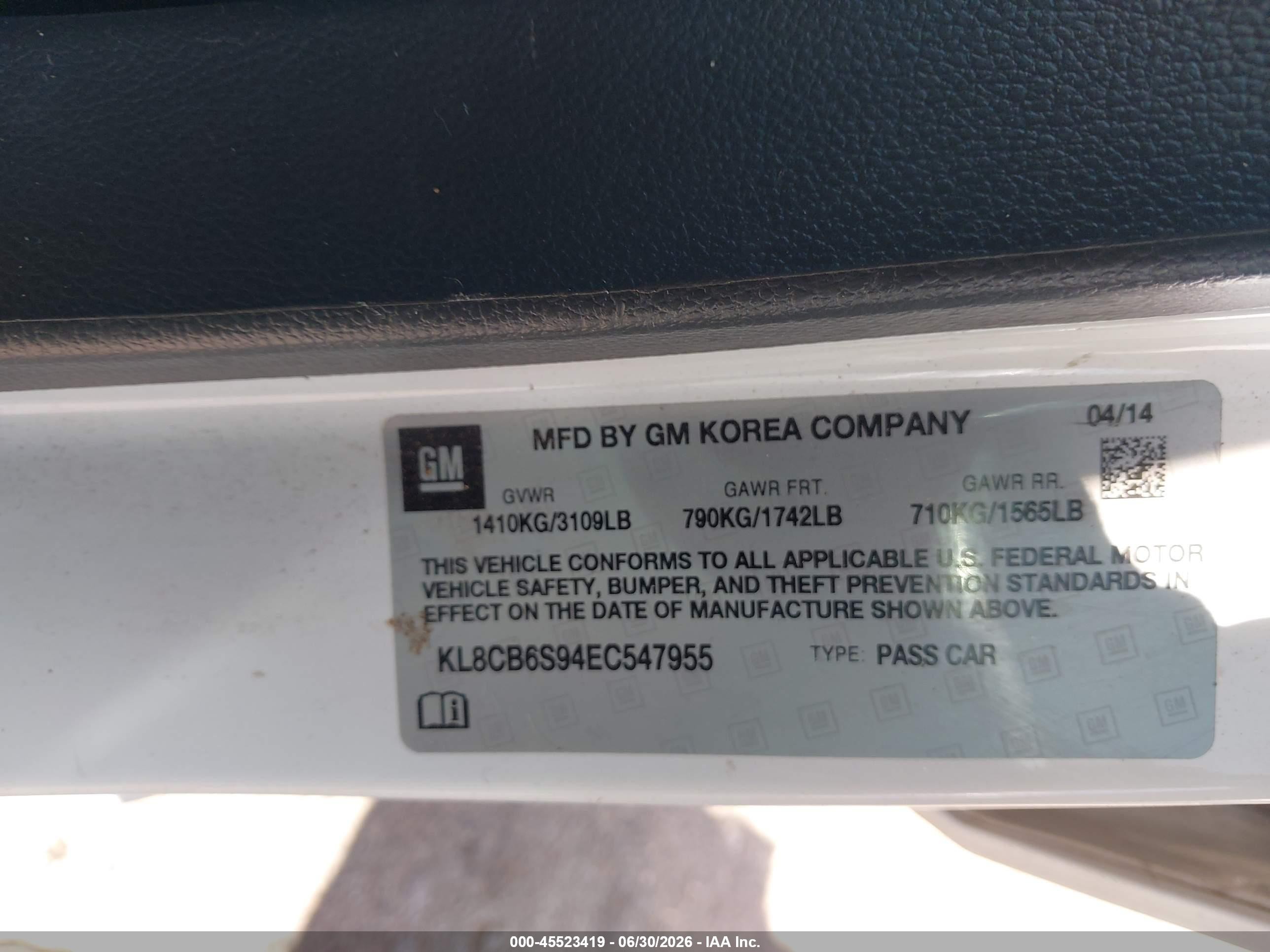 2014 Chevrolet Spark Ls Auto White vin: KL8CB6S94EC547955