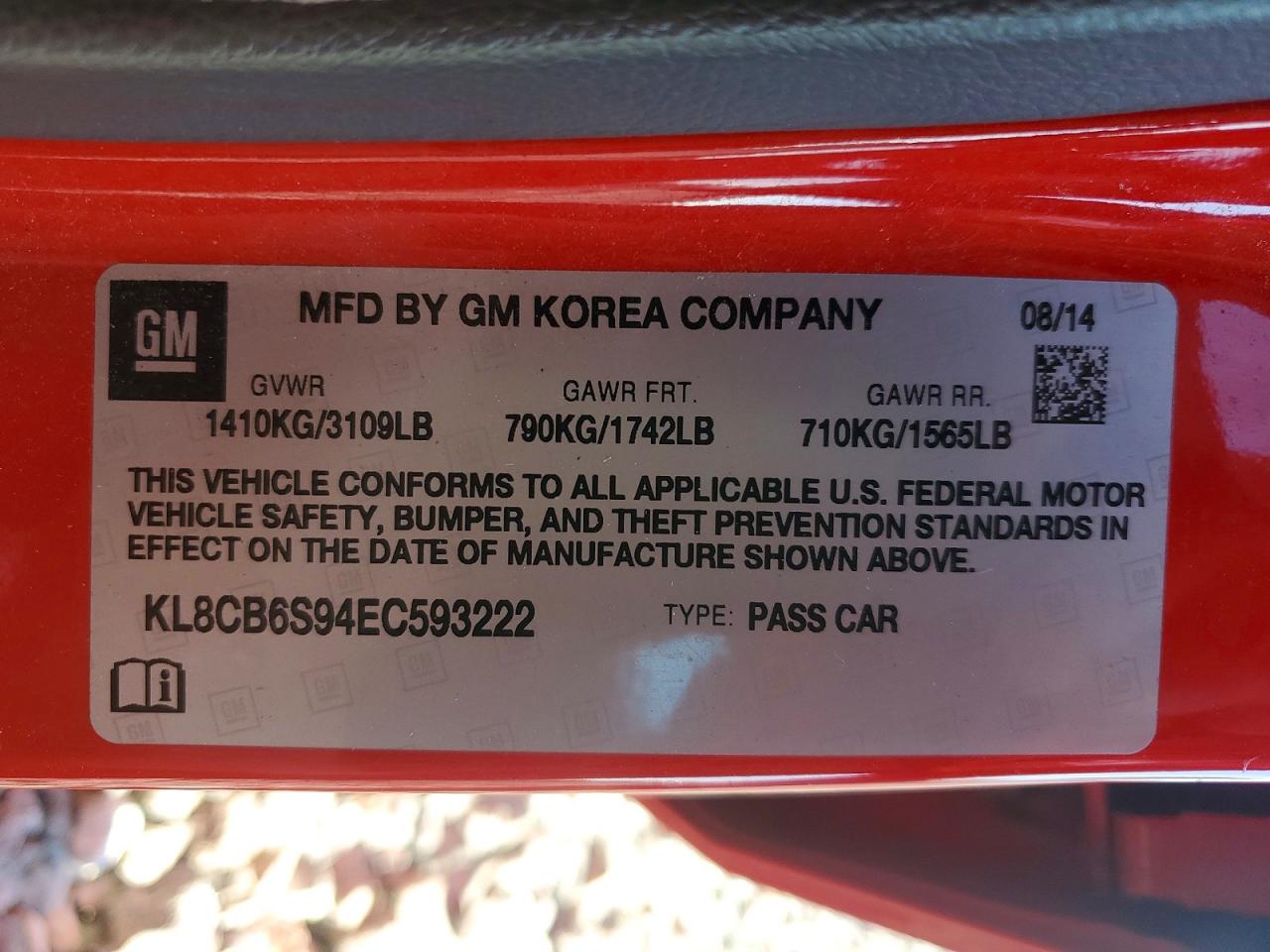 2014 Chevrolet Spark Ls Red vin: KL8CB6S94EC593222