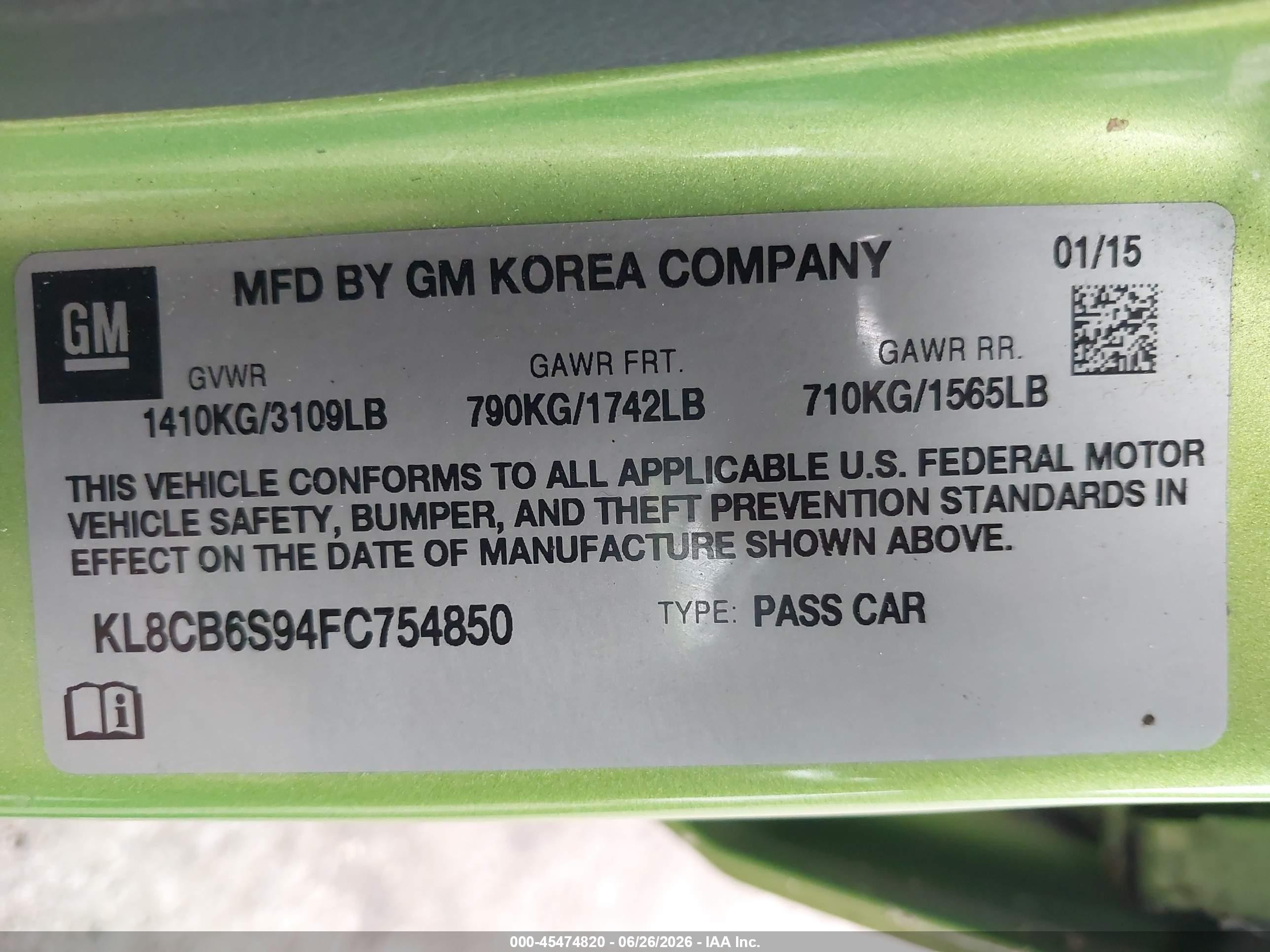 2015 Chevrolet Spark Ls Cvt Green vin: KL8CB6S94FC754850