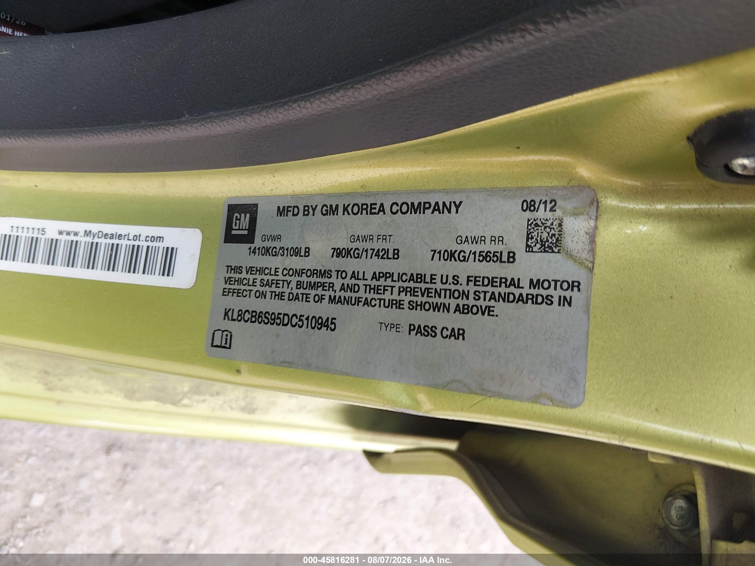 2013 Chevrolet Spark Ls Auto Green vin: KL8CB6S95DC510945