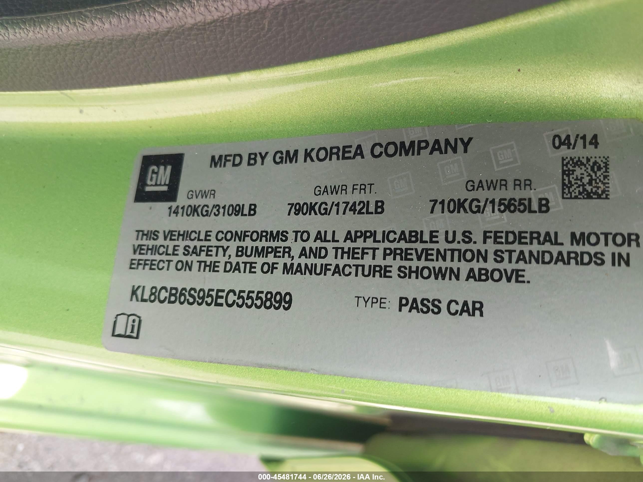 2014 Chevrolet Spark Ls Auto Green vin: KL8CB6S95EC555899