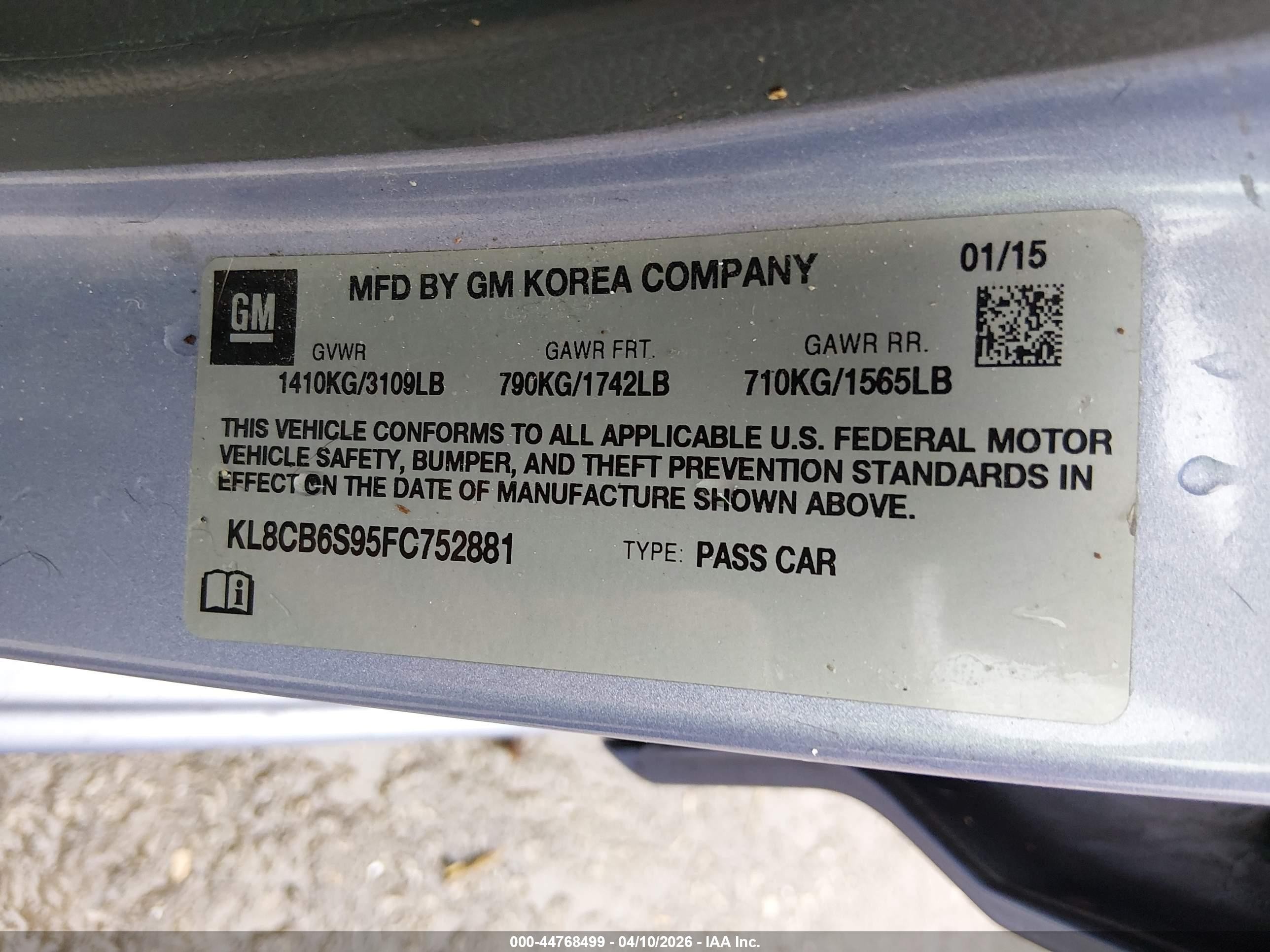 2015 Chevrolet Spark Ls Cvt Light Blue vin: KL8CB6S95FC752881