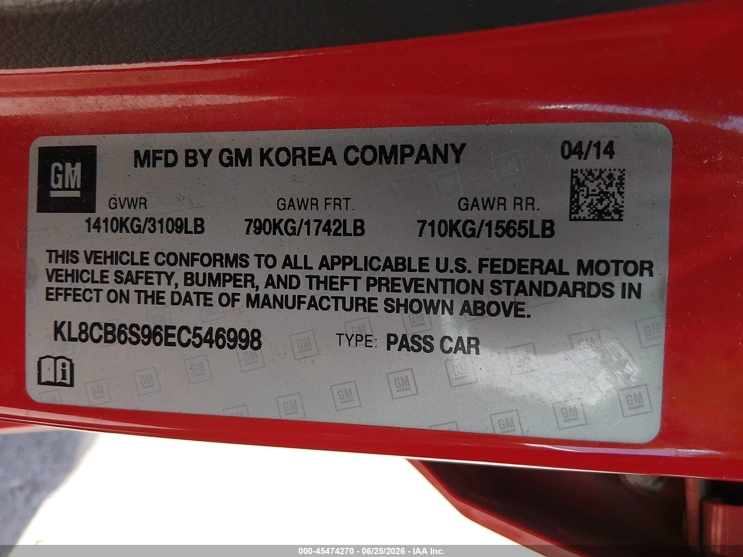 2014 Chevrolet Spark Ls Auto Red vin: KL8CB6S96EC546998