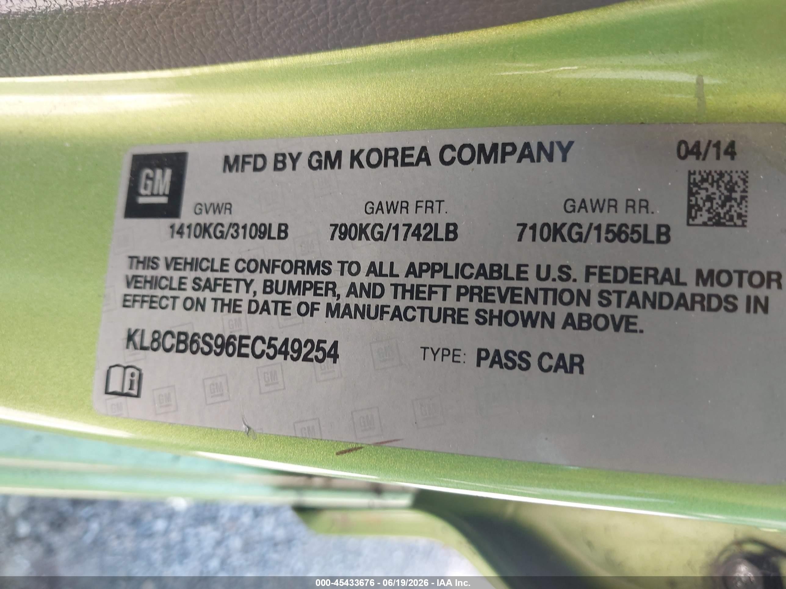 2014 Chevrolet Spark Ls Auto Green vin: KL8CB6S96EC549254