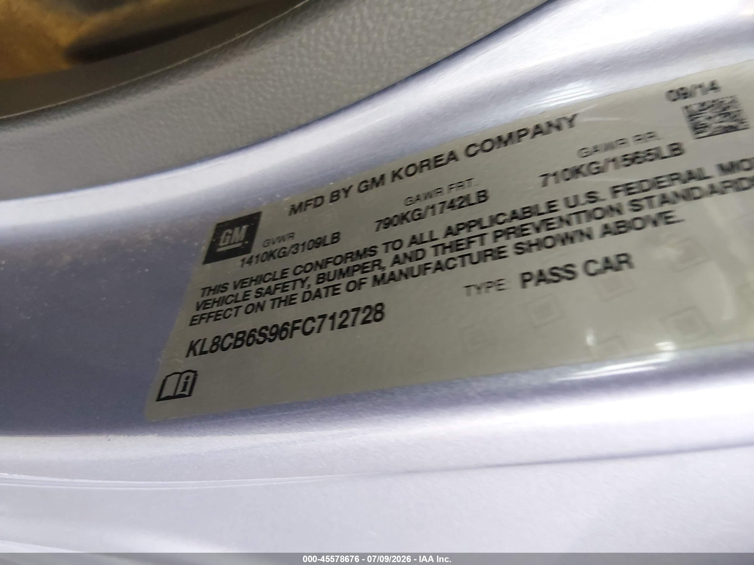 2015 Chevrolet Spark Ls Cvt Blue vin: KL8CB6S96FC712728