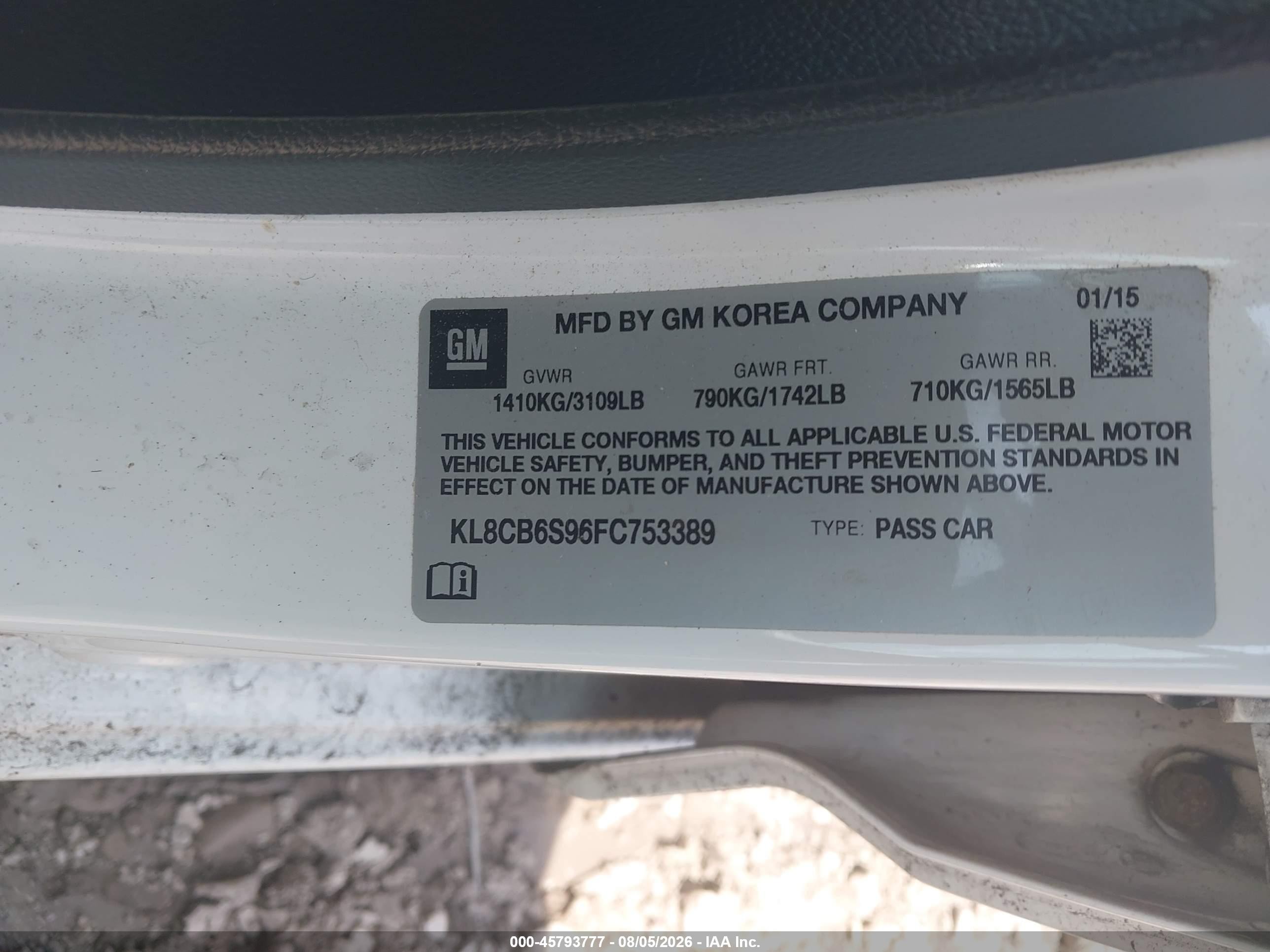 2015 Chevrolet Spark Ls Cvt Белый vin: KL8CB6S96FC753389