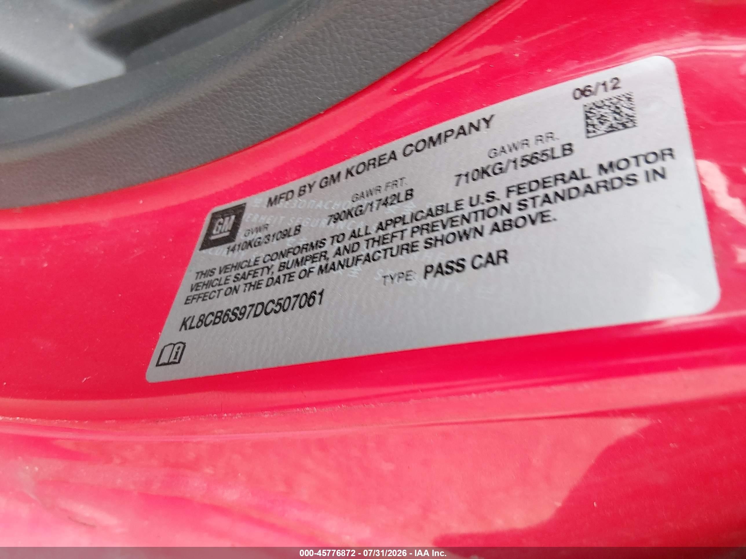 2013 Chevrolet Spark Ls Auto Red vin: KL8CB6S97DC507061