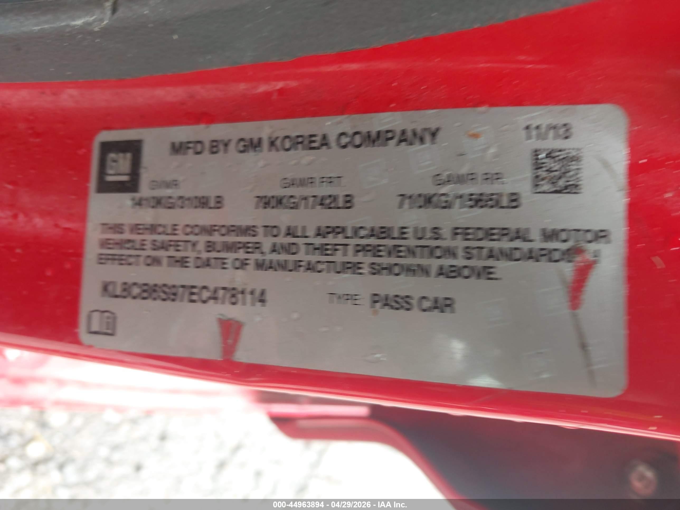 2014 Chevrolet Spark Ls Auto Red vin: KL8CB6S97EC478114