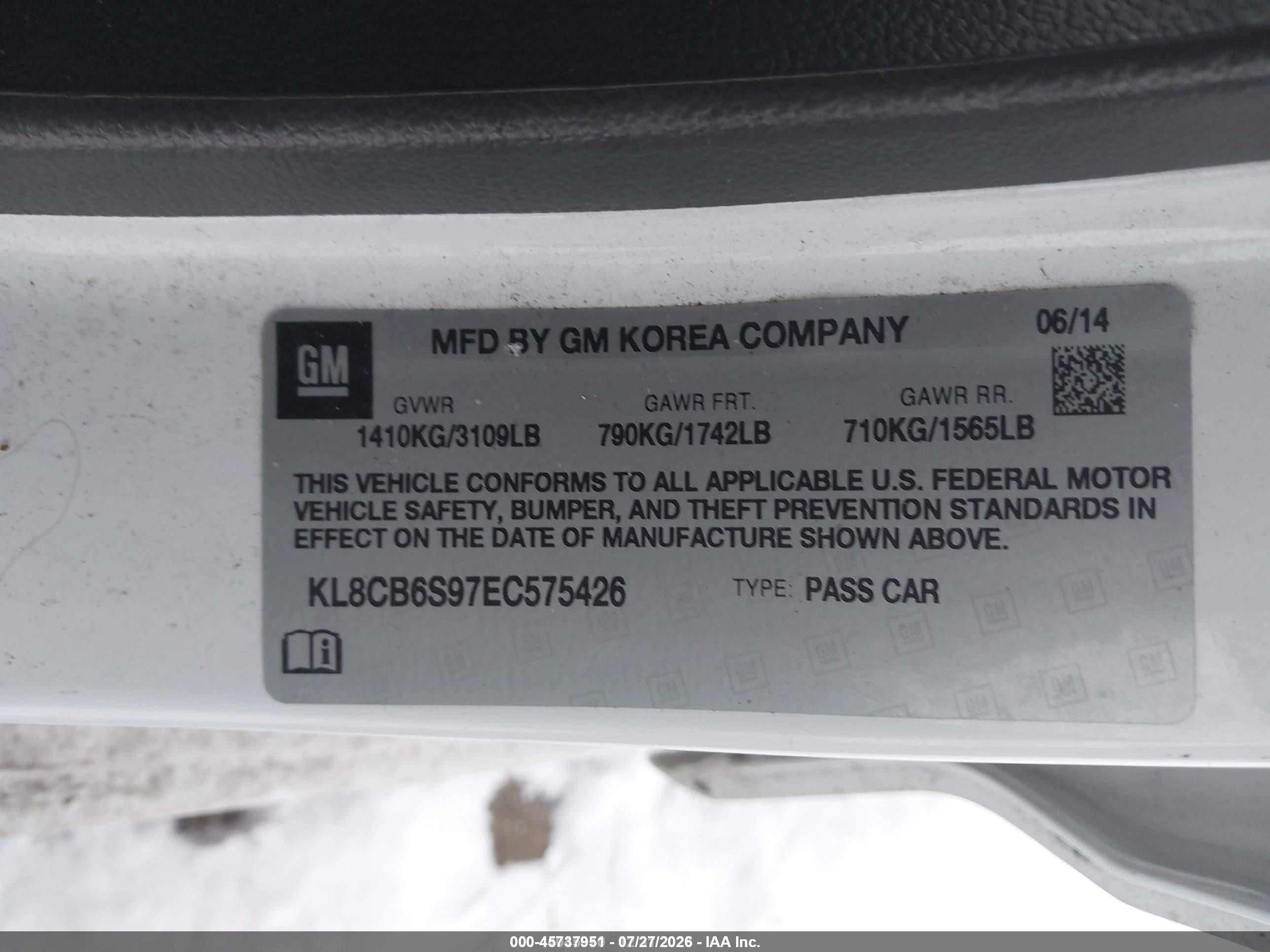 2014 Chevrolet Spark Ls Auto White vin: KL8CB6S97EC575426