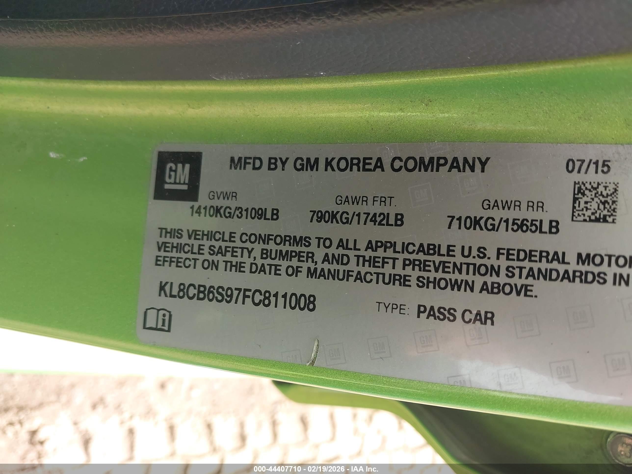 2015 Chevrolet Spark Ls Cvt Green vin: KL8CB6S97FC811008