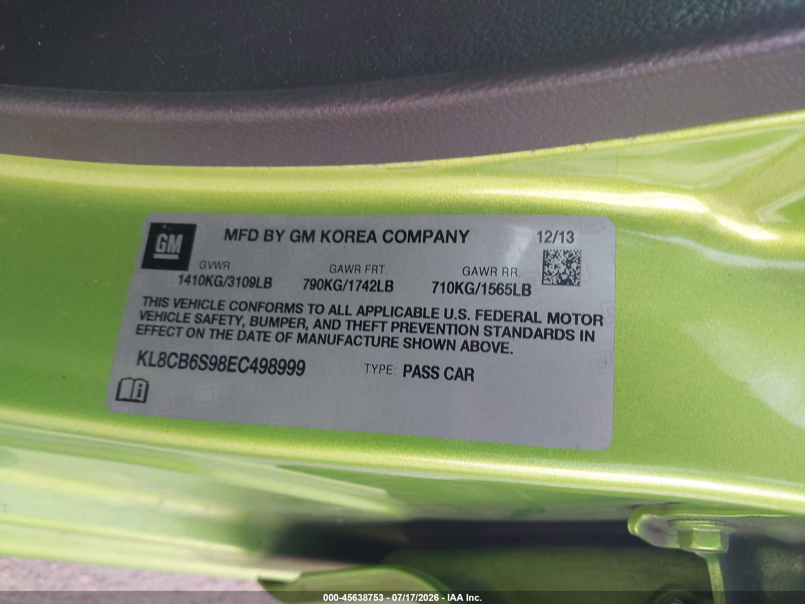 2014 Chevrolet Spark Ls Auto Green vin: KL8CB6S98EC498999