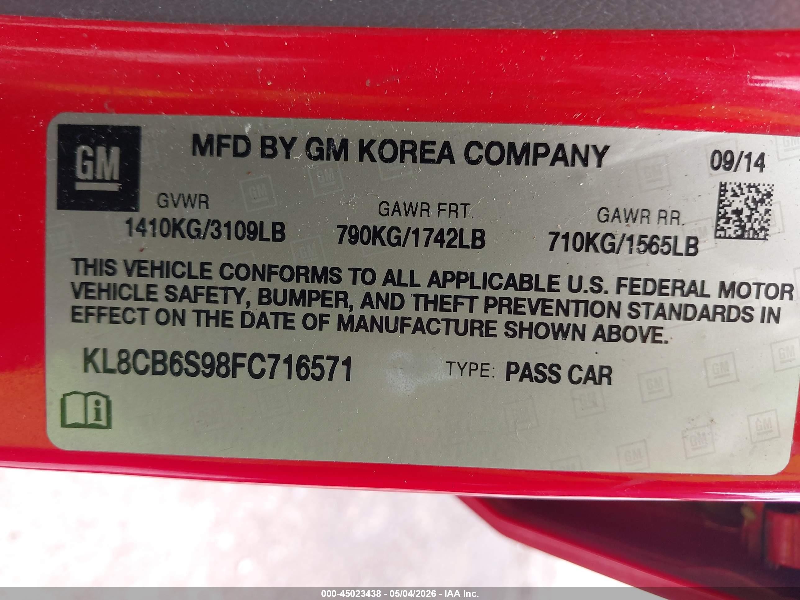 2015 Chevrolet Spark Ls Cvt Red vin: KL8CB6S98FC716571