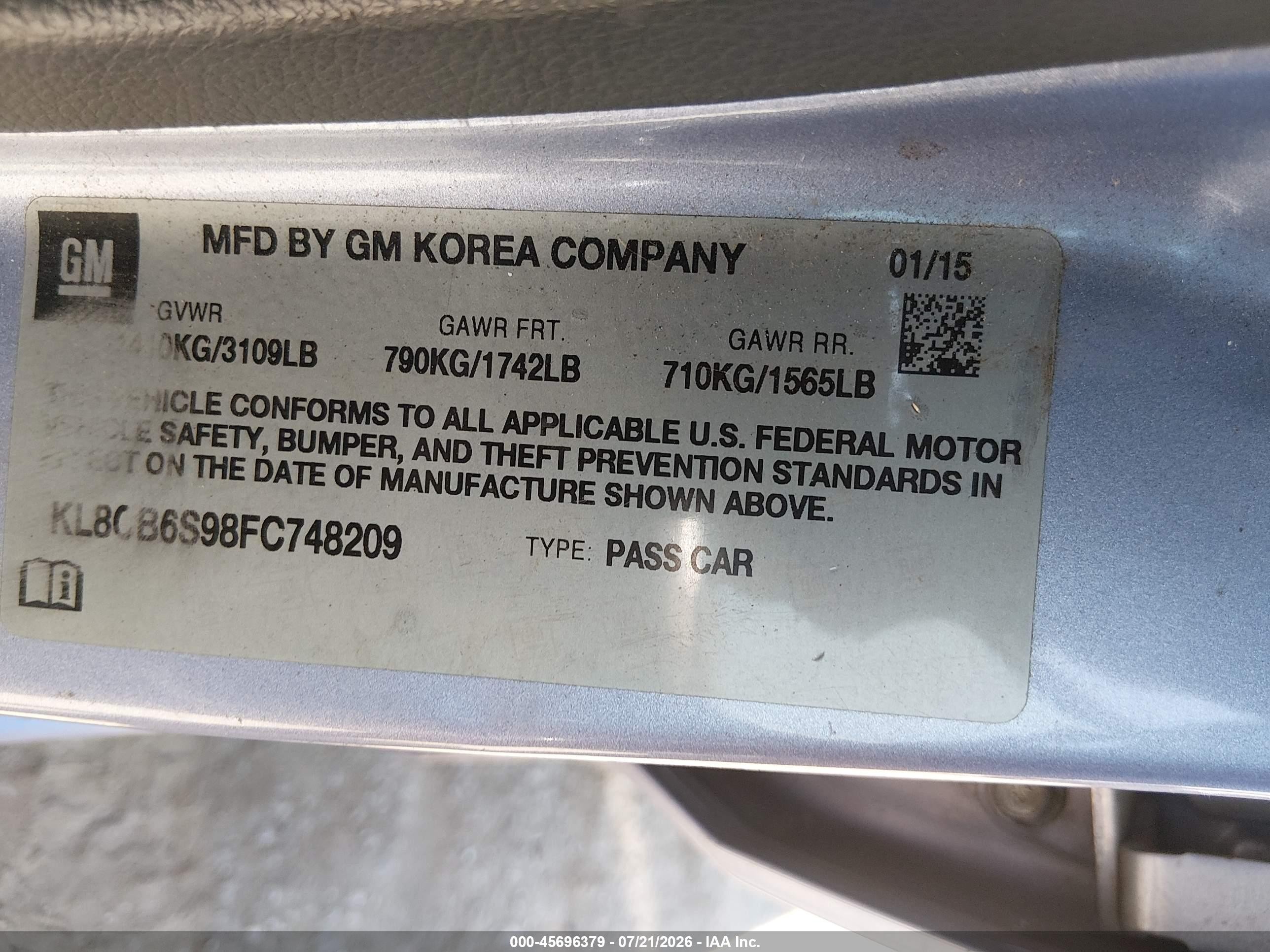 2015 Chevrolet Spark Ls Cvt Light Blue vin: KL8CB6S98FC748209