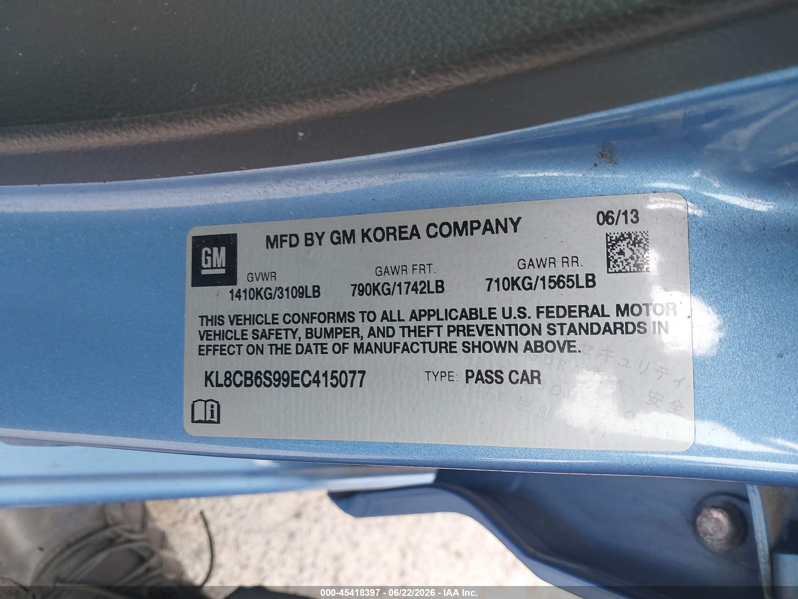 2014 Chevrolet Spark Ls Auto Blue vin: KL8CB6S99EC415077