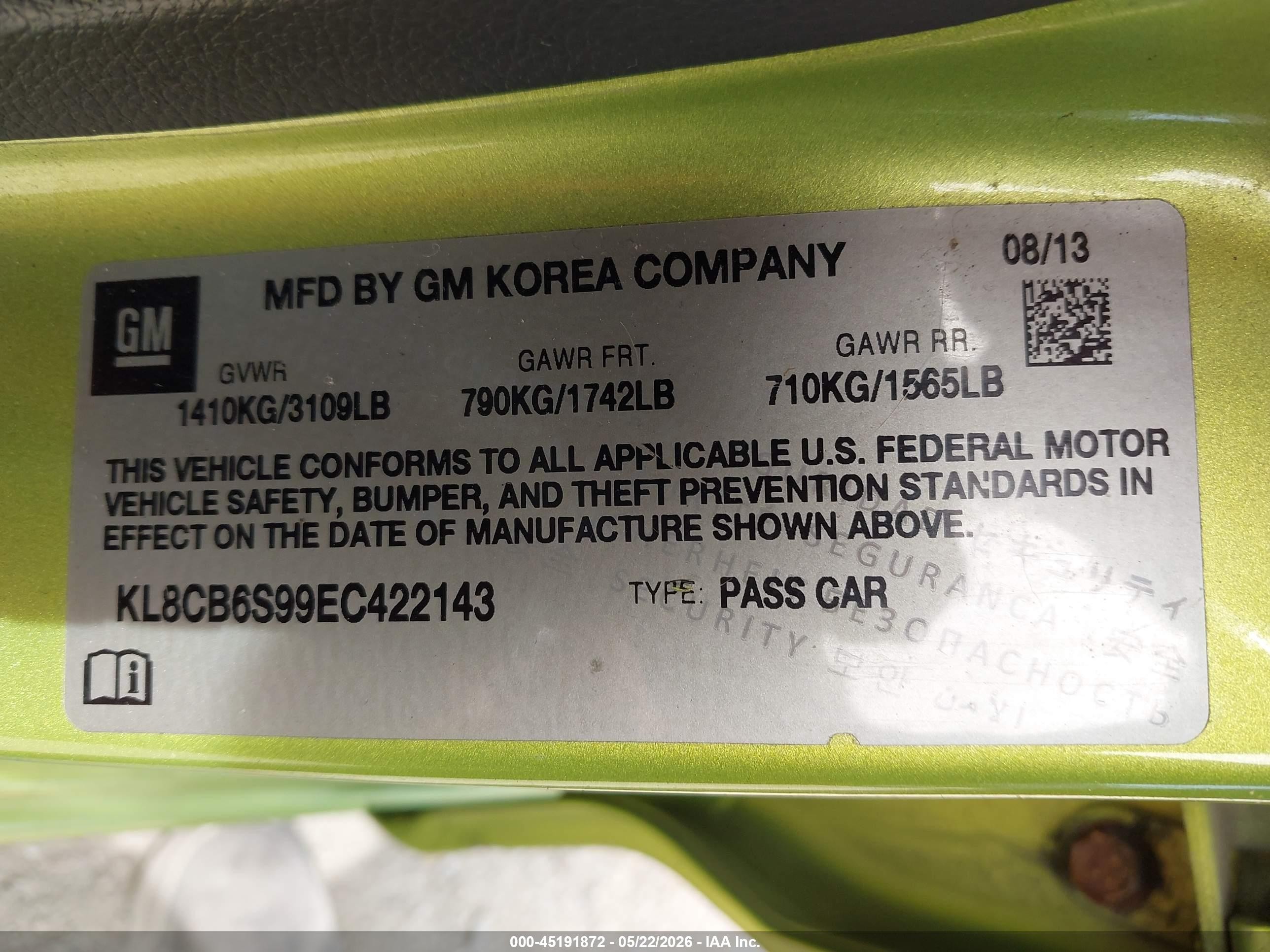 2014 Chevrolet Spark Ls Auto Green vin: KL8CB6S99EC422143